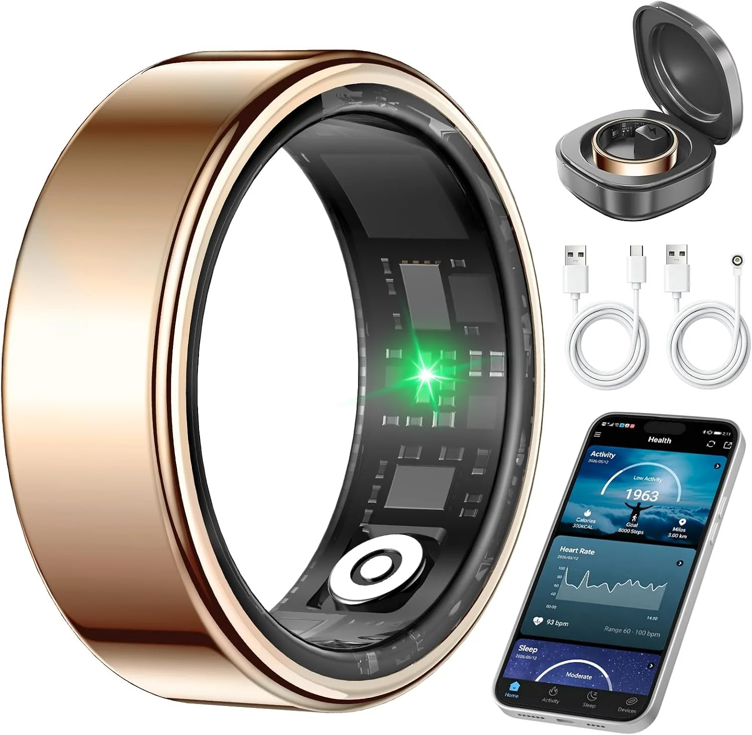 Smart Ring Health Tracker for Women & Men, Sleep & Heart Rate Monitor, IP68 Waterproof Fitness Tracker, No Subscription Fee, iOS & Android Compatible (Rose Gold, 11)