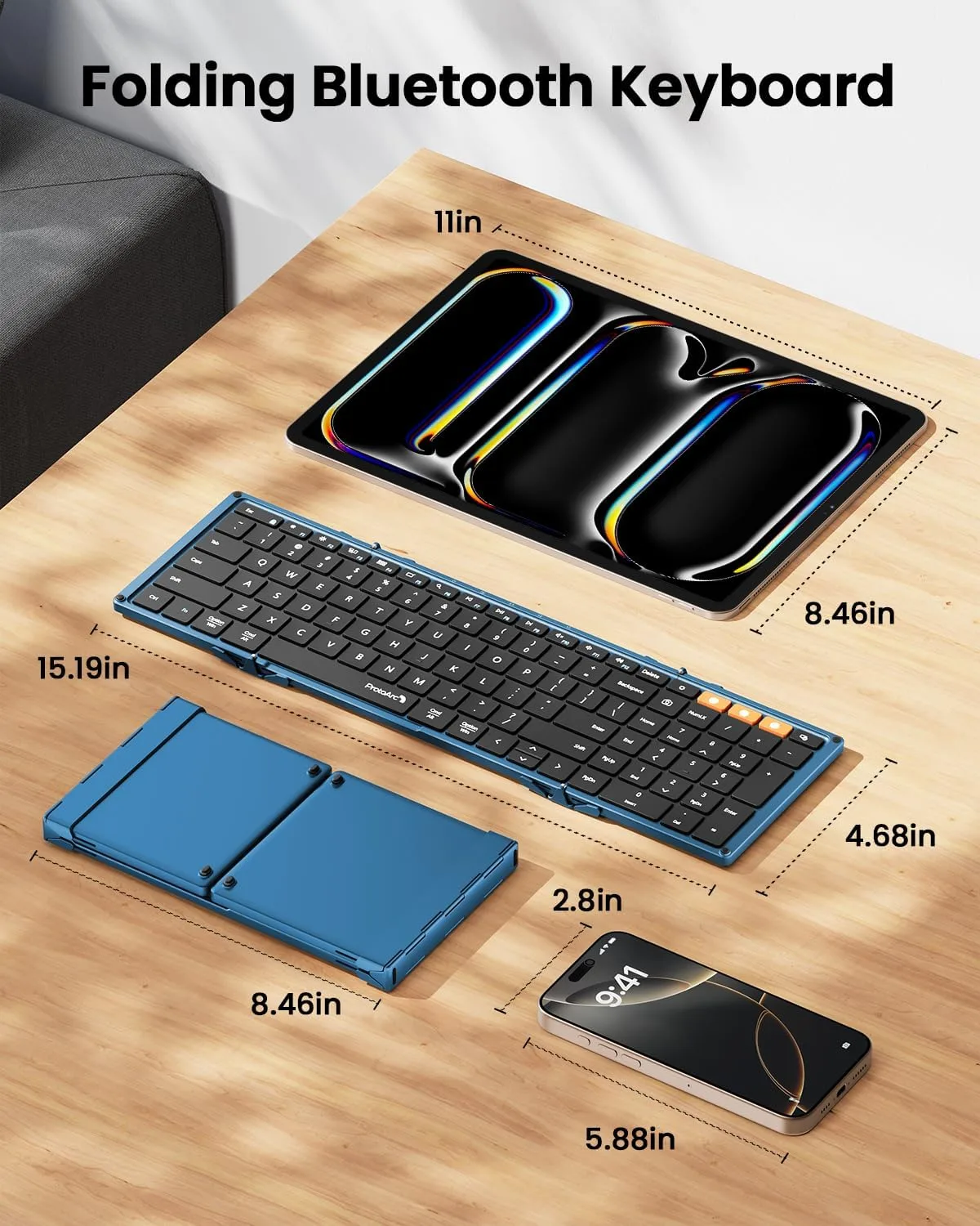 ProtoArc XK01 Full-Size Foldable Bluetooth Keyboard for Travel, Blue