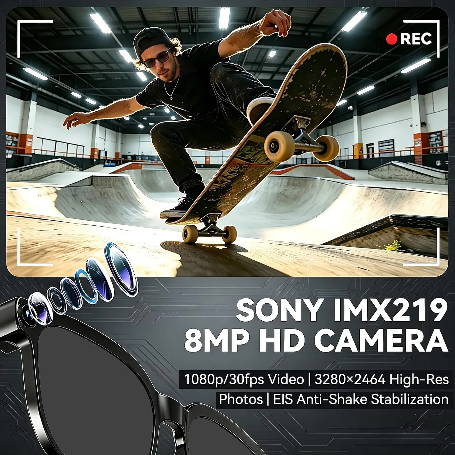 AI Smart Glasses with Camera, 1080P EIS Video, Bluetooth Music