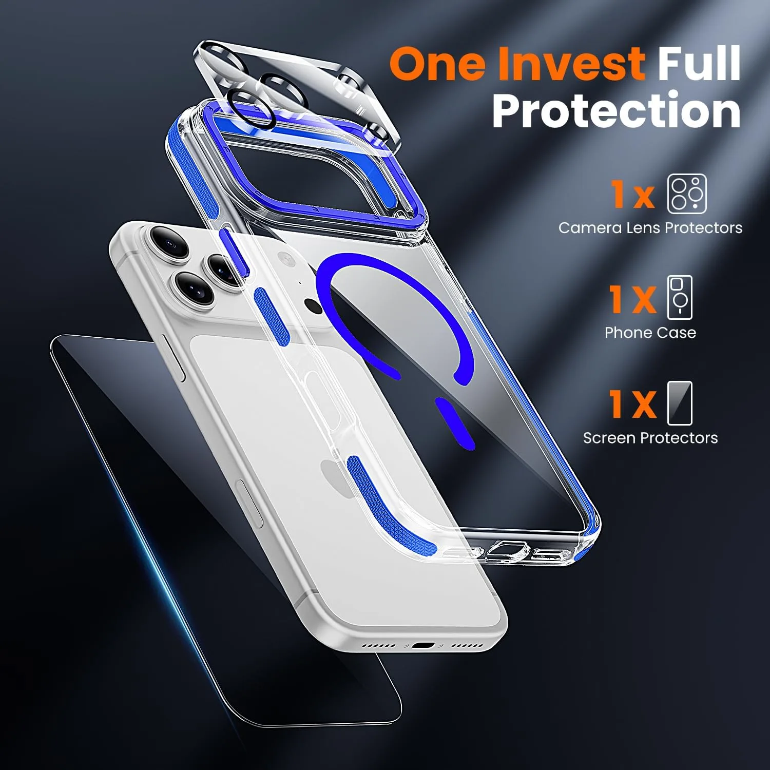 toushion 3-in-1 Clear Case for iPhone 17 Pro Max, Blue Shockproof Bumper