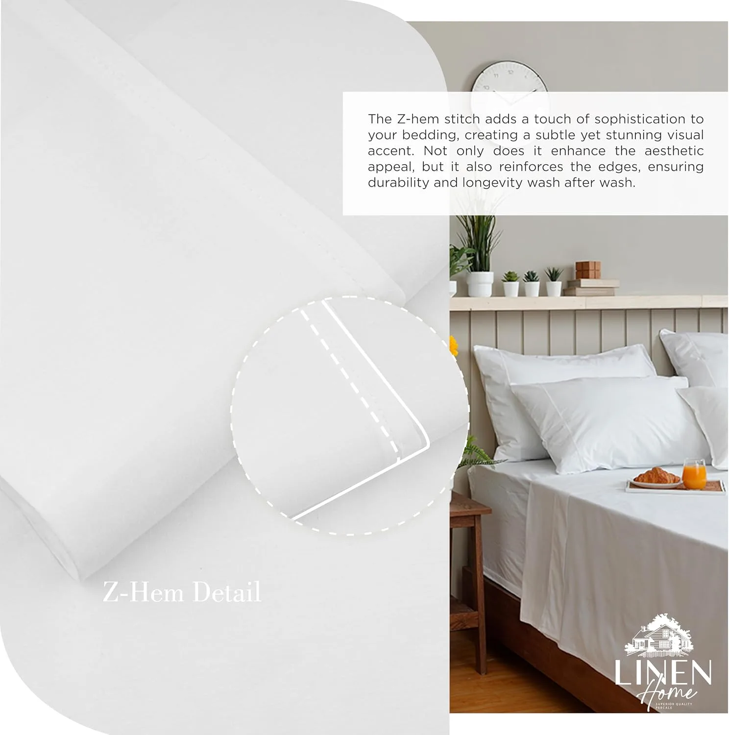 Linen Home 100% Cotton Percale Sheets Twin Size,Snow White, Deep Pocket, 3 Pieces Set - 1 Flat, 1 Deep Pocket Fitted Sheet and 1 Pillowcase, Crisp Cool and Strong Bed Linen