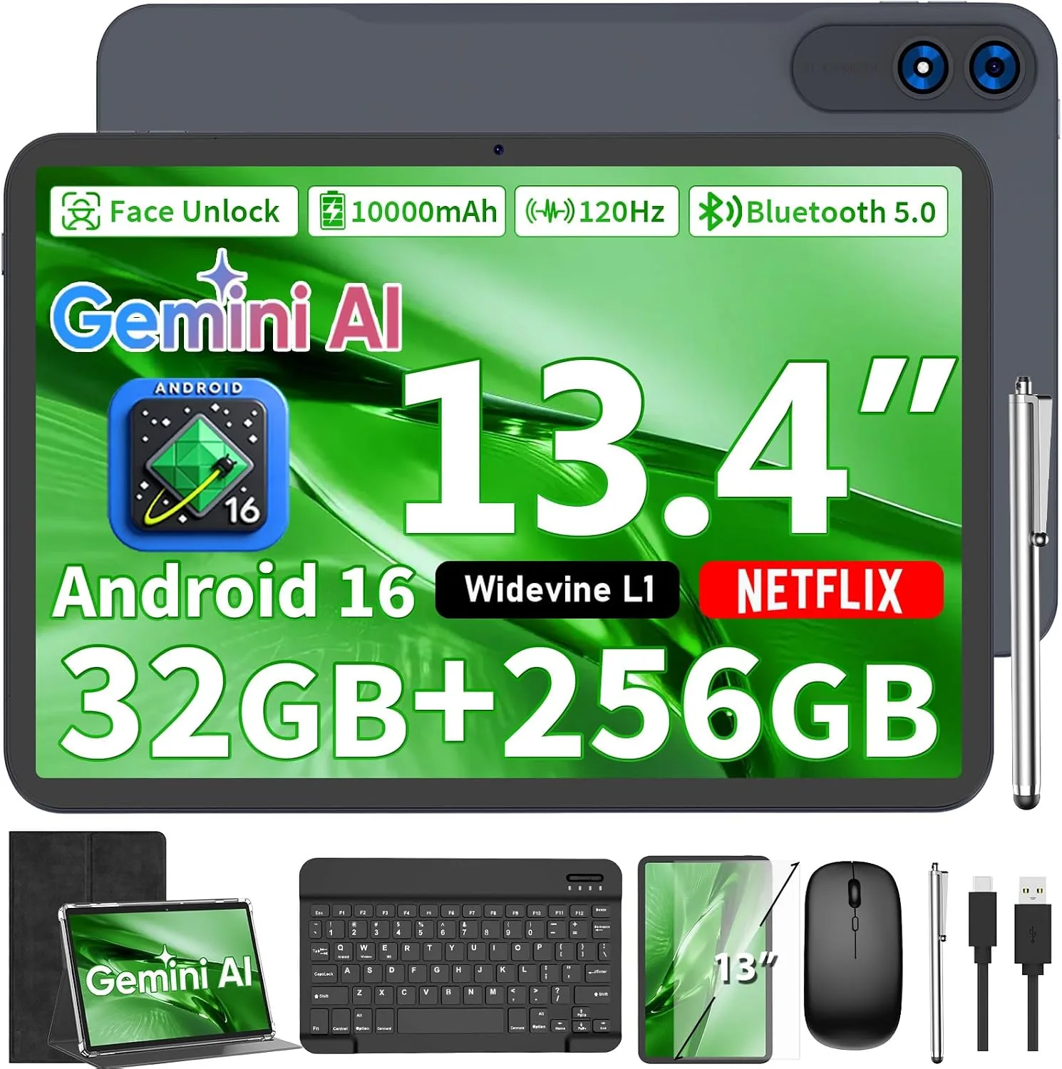 Android 16 Tablet with Keyboard - 13 inch Tablet with 32GB+256GB+2TB Expand