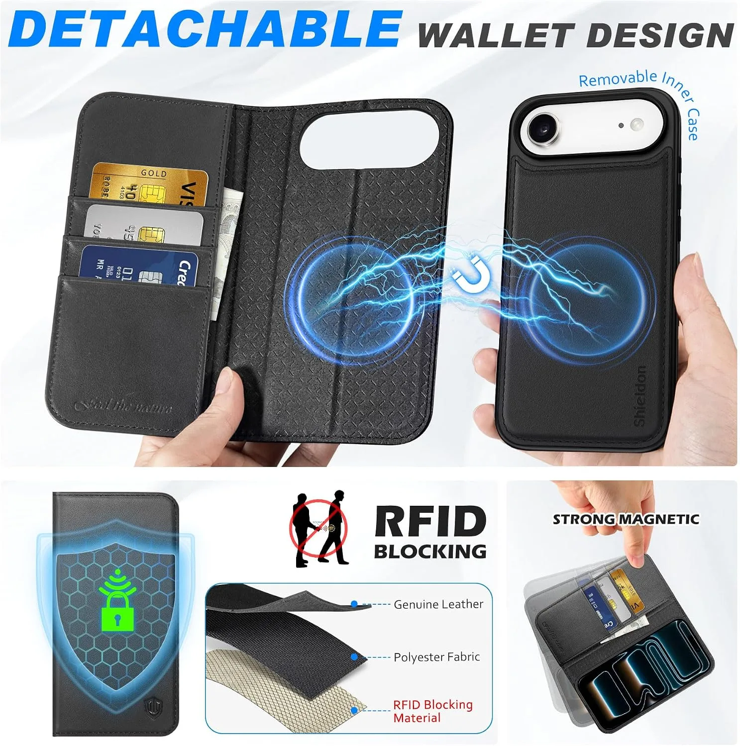 SHIELDON 2 in 1 Real Leather Wallet Case for iPhone Air 6.5" 2025, Black
