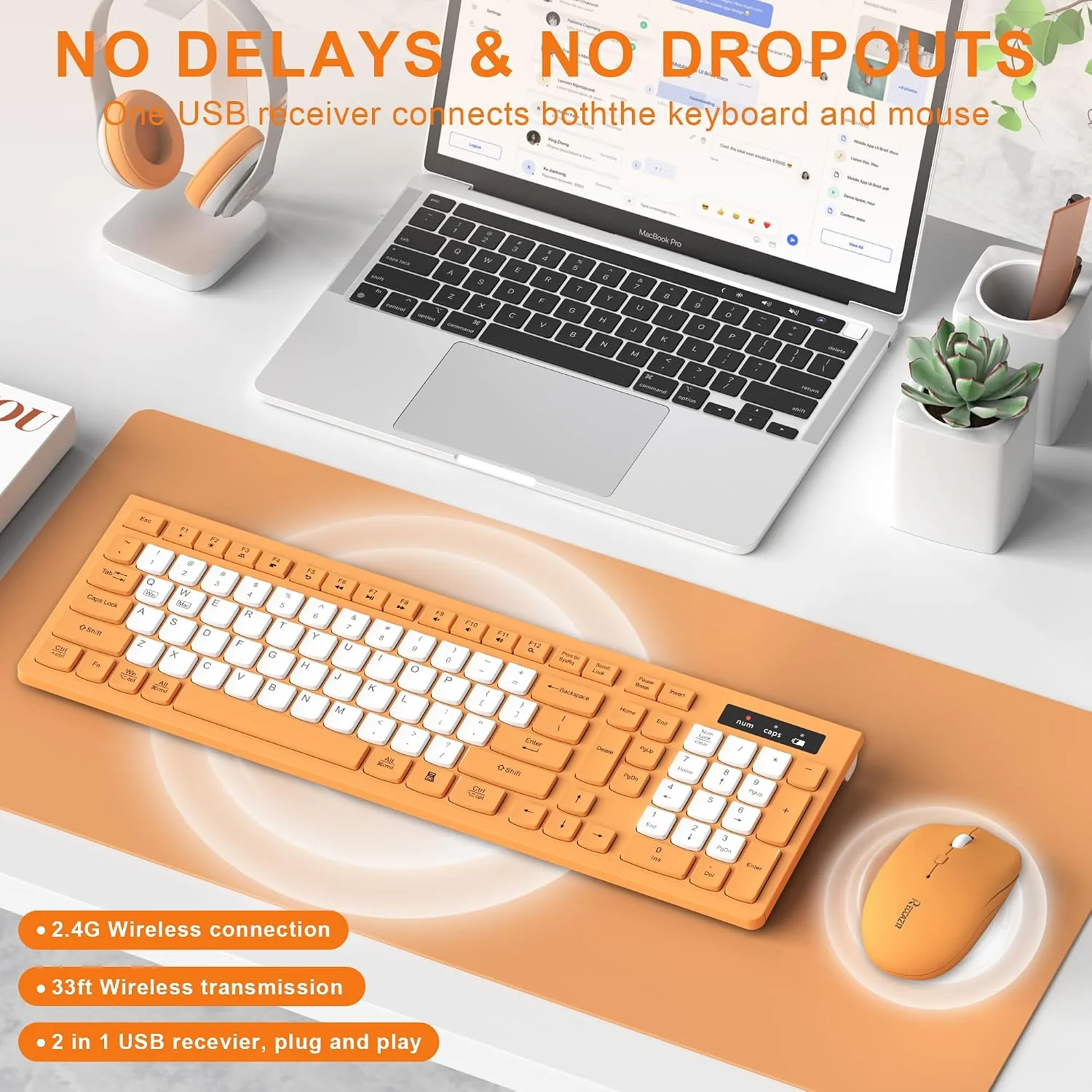 Wireless Keyboard and Mouse Combo Silent for Office and Home(Orange-B)