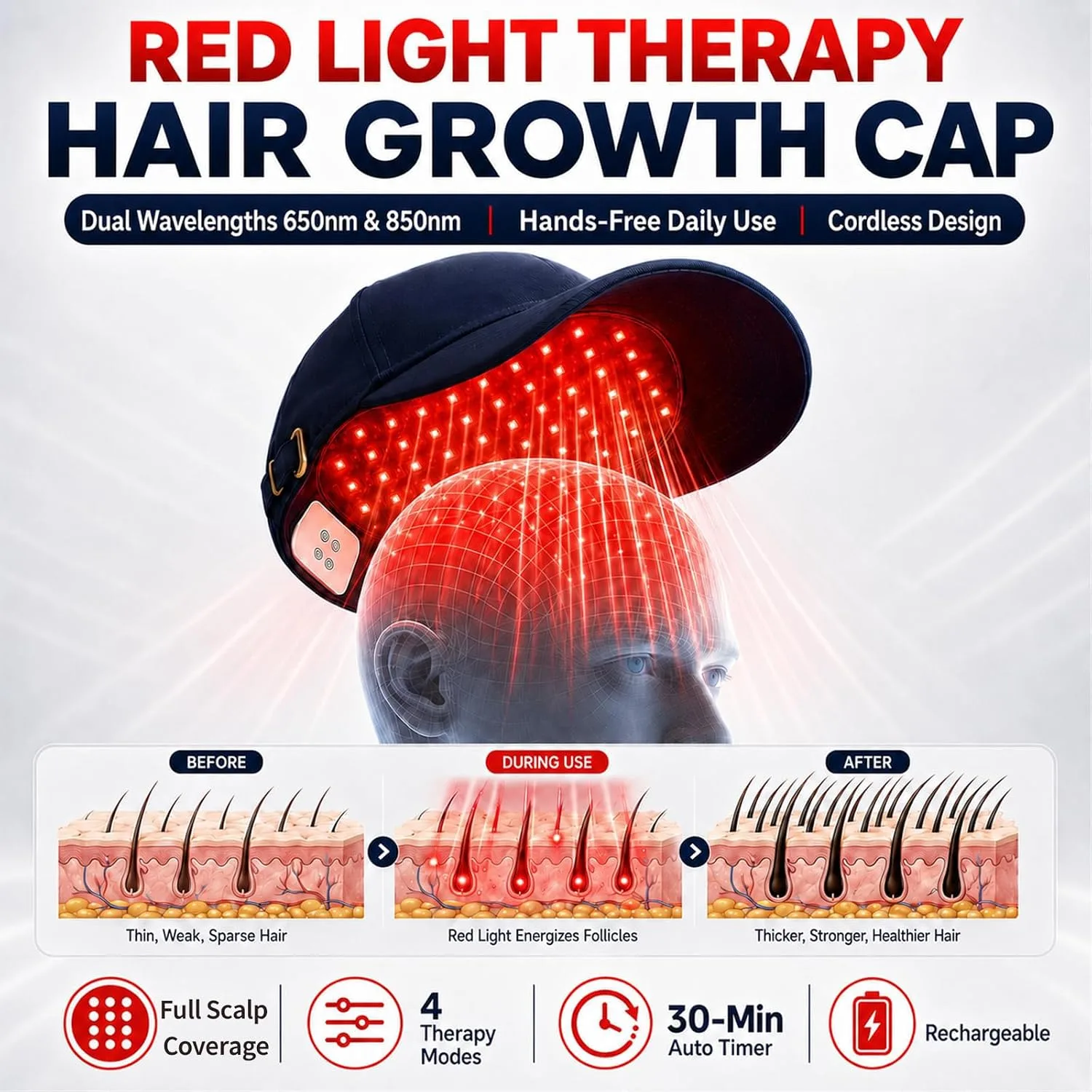 Red Light Therapy Hair Growth Cap – 650nm LLLT, Rechargeable,Blue