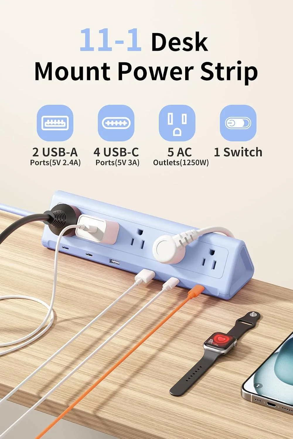 AnnTane Desk Clamp Power Strip USBC, 40W Fast Charging, 6.5 Ft, Blue