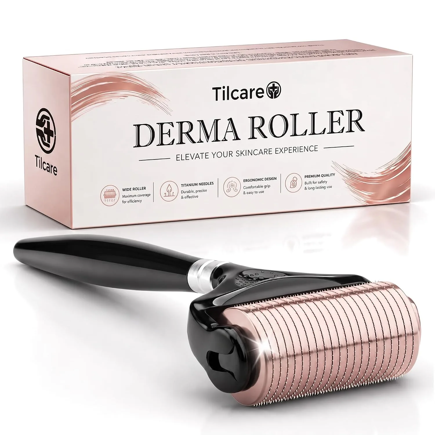 Wide Derma Roller for Face with Sterile 0.25mm Titanium Microneedles, Peach