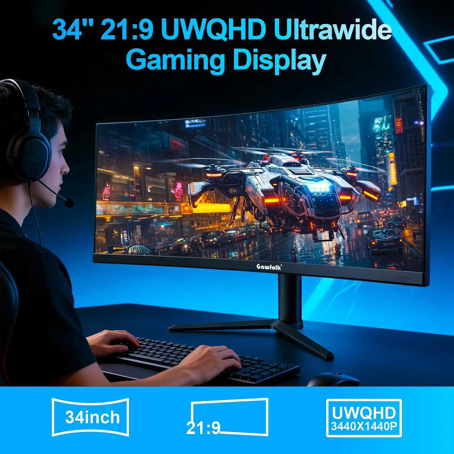 Gawfolk 34 Inch Curved Ultrawide 165Hz Gaming Monitor,WQHD 3440x1440 Screen