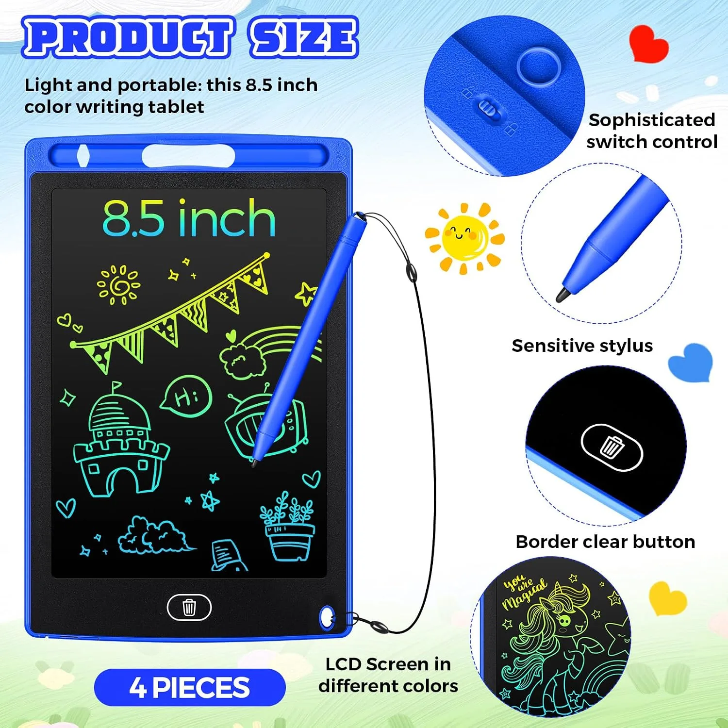 Zonon 4 Pcs LCD Writing Tablet for Kid, Blue