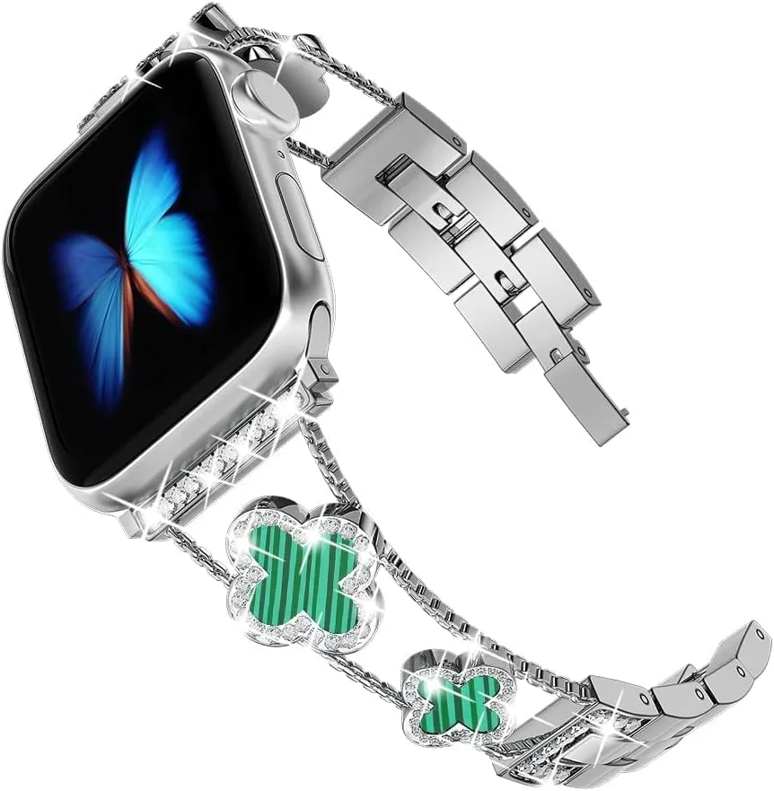 Musk-MSKR Diamond Metal Bands Add Sparkle to Your Watch For Apple Watch Series 12/11/10/9/8/7/6/5/4/3/2/SE/Ultra Clover Simple and Stylish Compatible with 38mm40mm41mm42mm44mm45mm 46mm49mm Women's Wear