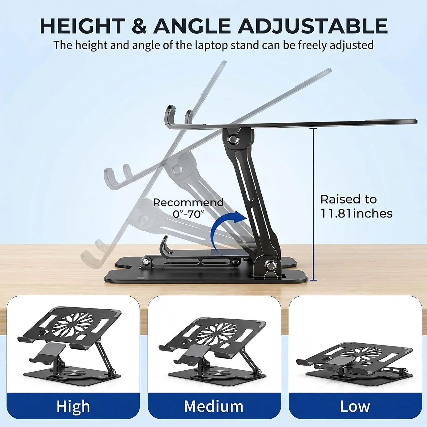 Adjustable 360°Rotating Laptop Stand, 2-in-1 Ergonomic Carbon Steel Laptop Riser with Detachable Phone Holder, Hollow Cooling Notebook Stand Fits 12.9-18 Inch Laptops (Black)