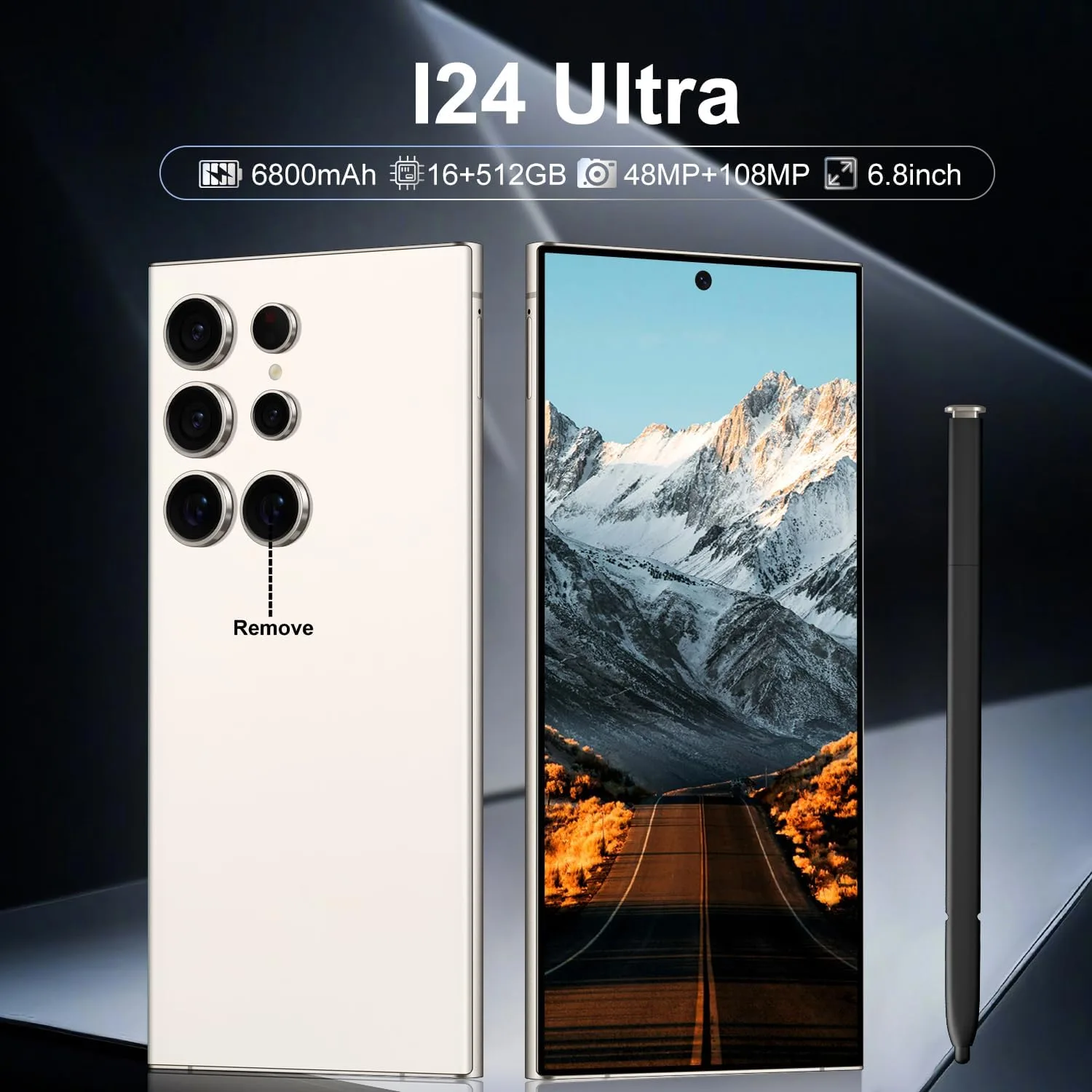Huness I24 Ultra Unlocked Phone,Built in Pen The Phone,Smartphone Battery 6800mAh 6.8" HD Screen,Android 14 16+512GB with 128GB Memory Card Cell Phone,5G/Face ID/Fingerprint Lock/GPS (White, 16+512)