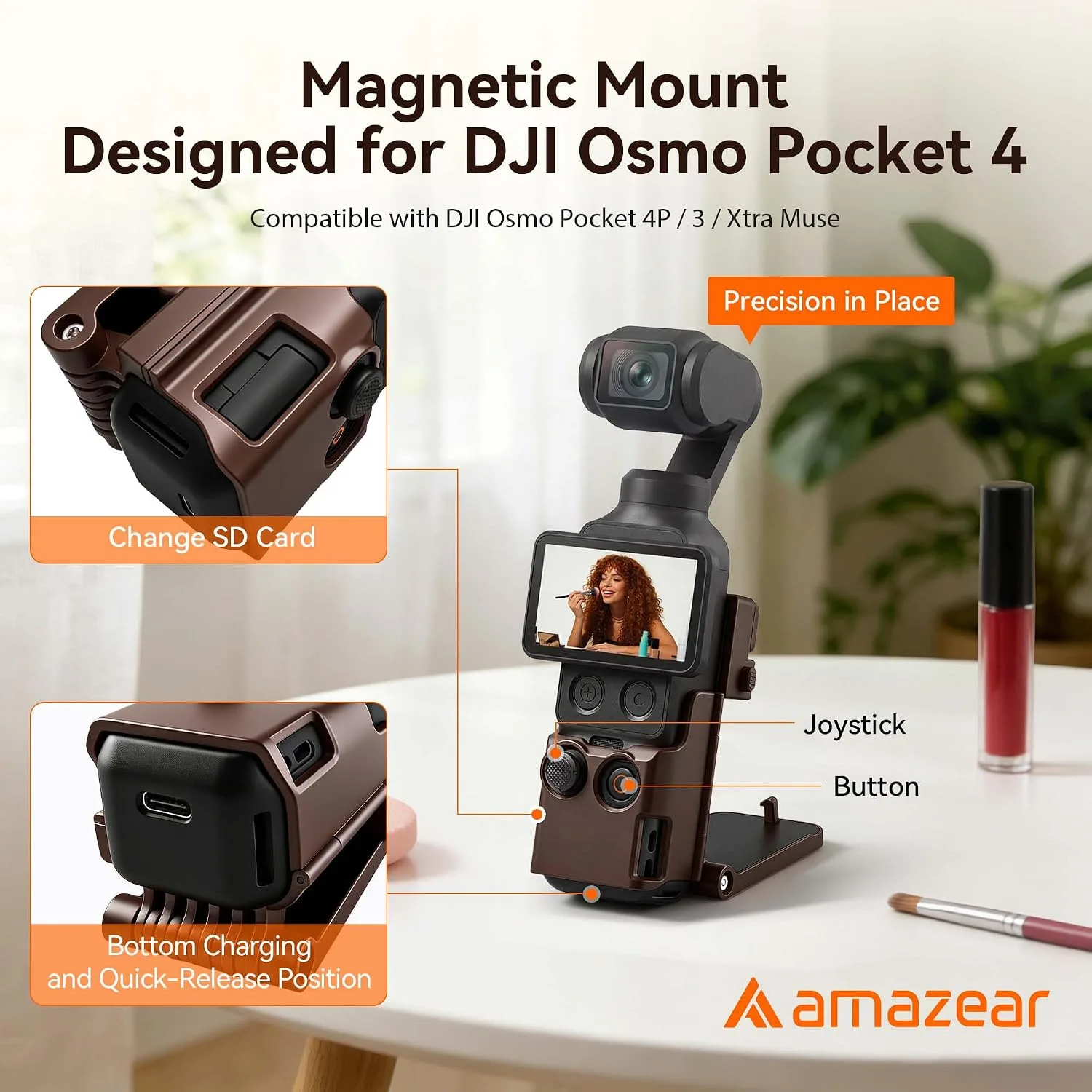 AMAZEAR Magnetic Mount Stand Compatible with DJI Osmo Pocket 4P/4/3/Xtra Muse, Pocket4 Accessories Adapter Clamp Magnet Suction Case Holder on Desktop/Vertical Surface, 180° Adjustable Handle, Brown