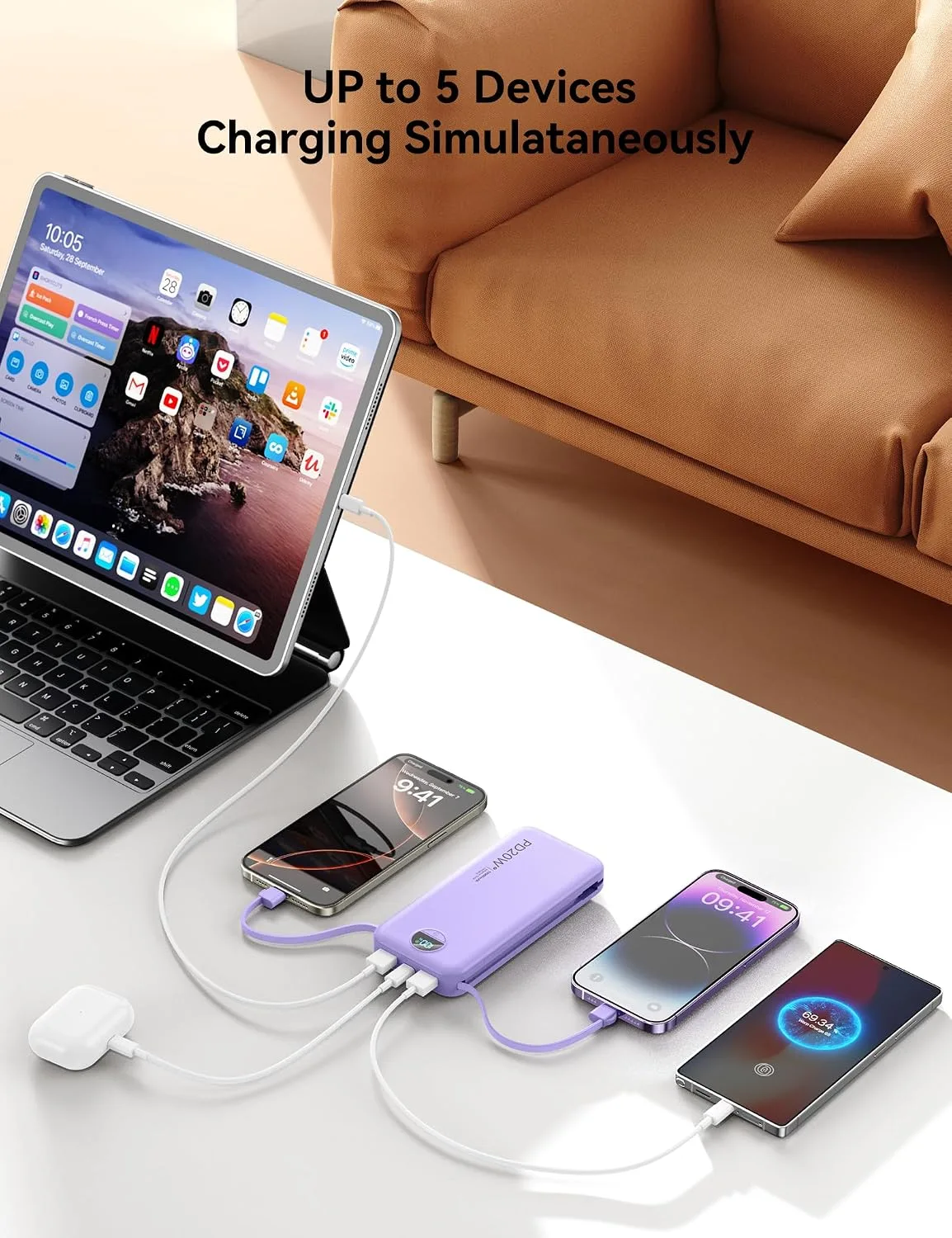 Portable Charger Power Bank 10000mAh with Built in Cables & Wall Plug