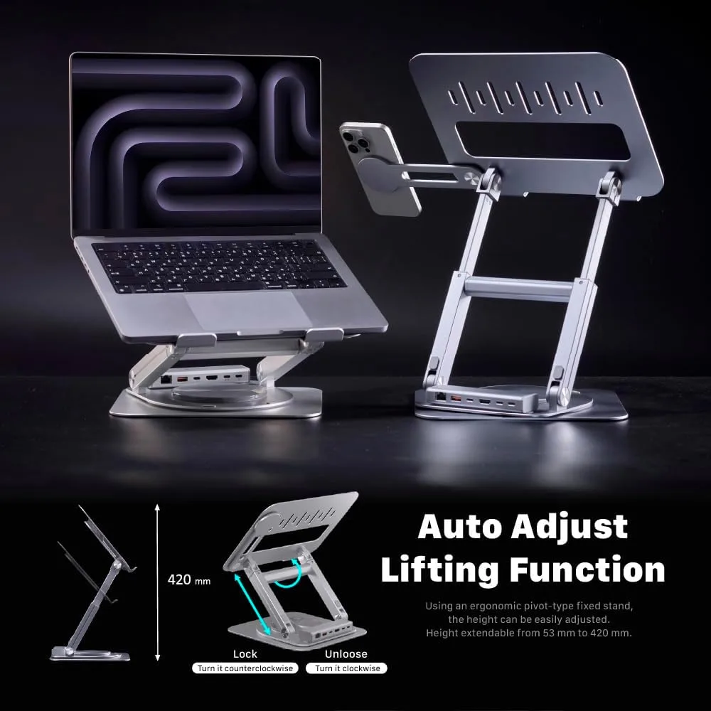 ADAM ELEMENTS Hub Stand Ultra - 6-in-1 Magnetic Detachable USB-C Hub & Ergonomic Laptop Stand, Foldable 4K HDMI Docking Station for MacBook Pro/Air M4 M3 M2 M1, iPad & 17" Laptops