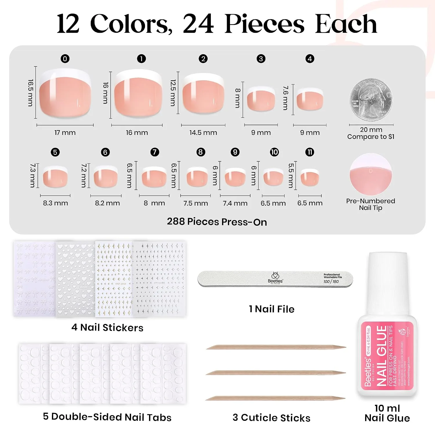 Beetles Press On Toe Nails Kit- 288 Pcs 12 Colors, Short Squoval Toenails
