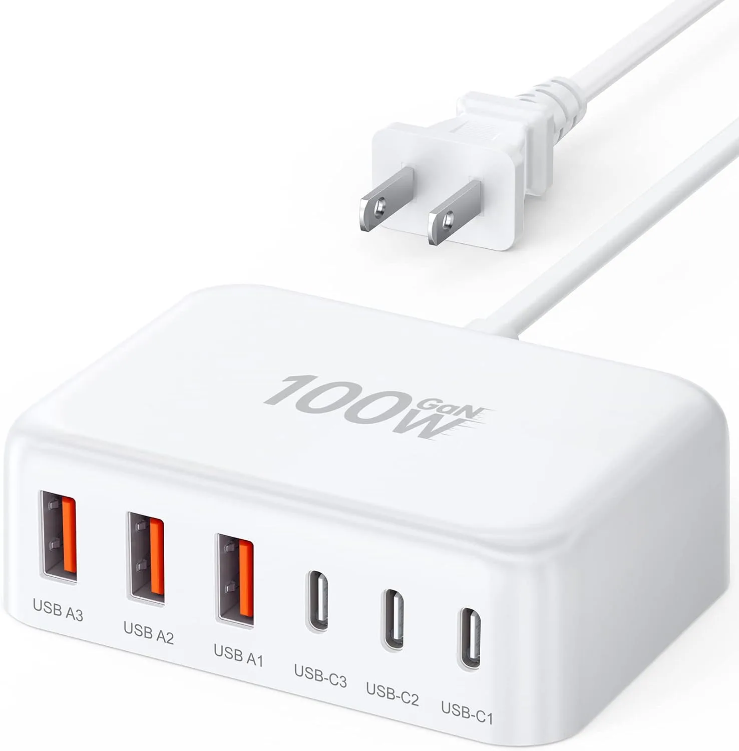USB Fast Charger Block 50% Smaller 100W Max 6-Port GaN USB Charging Station