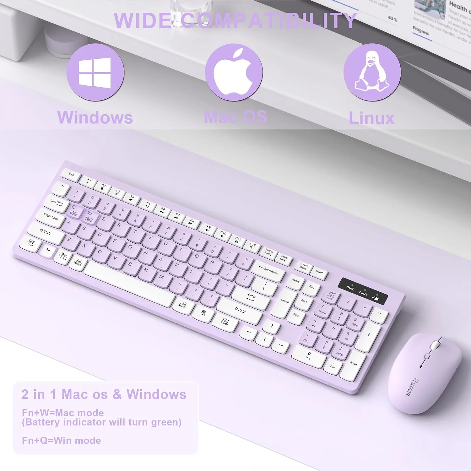 Wireless Keyboard and Mouse Combo Silent for Office and Home(Lilac)