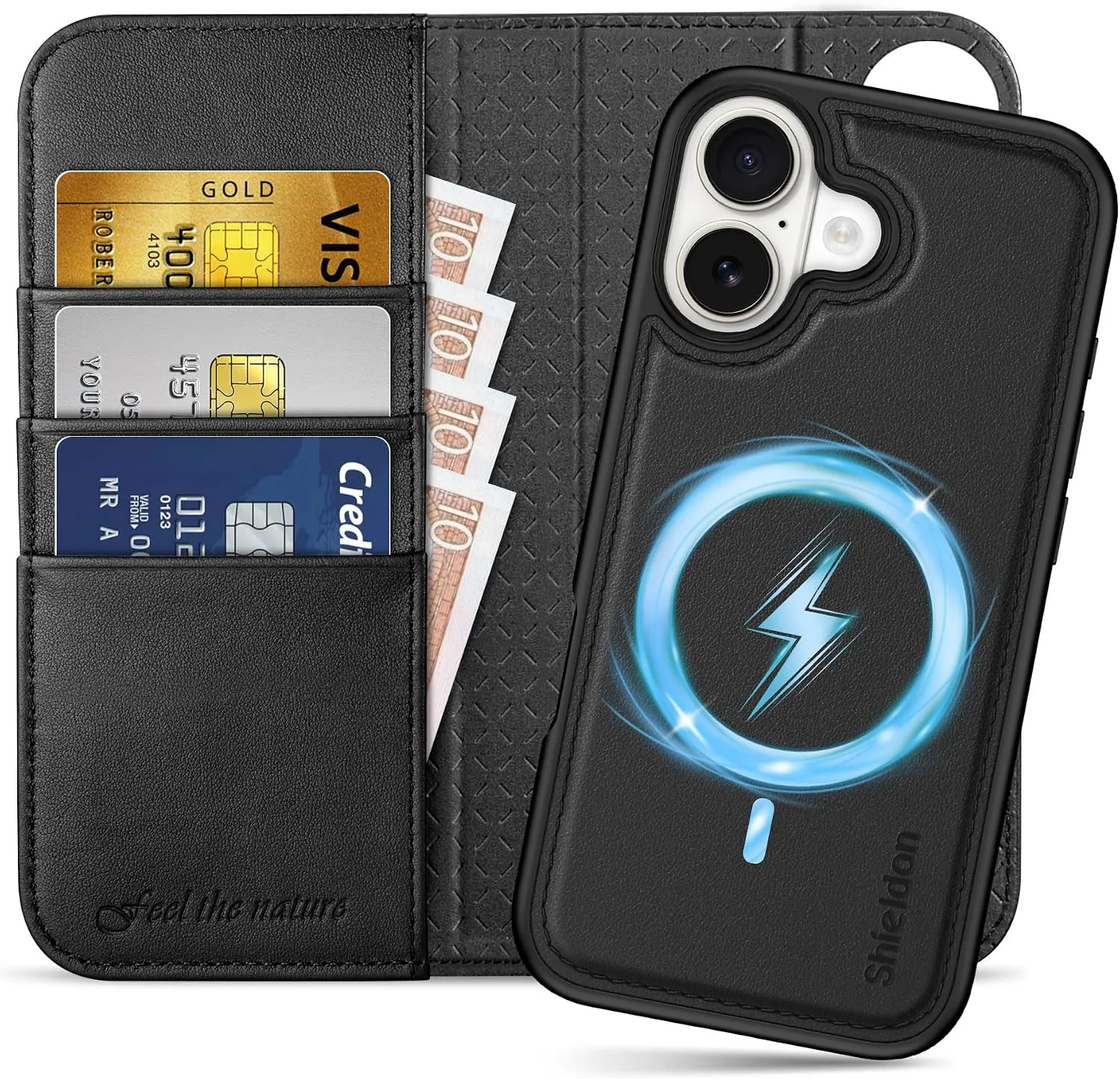 SHIELDON Detachable Genuine Leather Wallet Case for iPhone 17 6.3", Black
