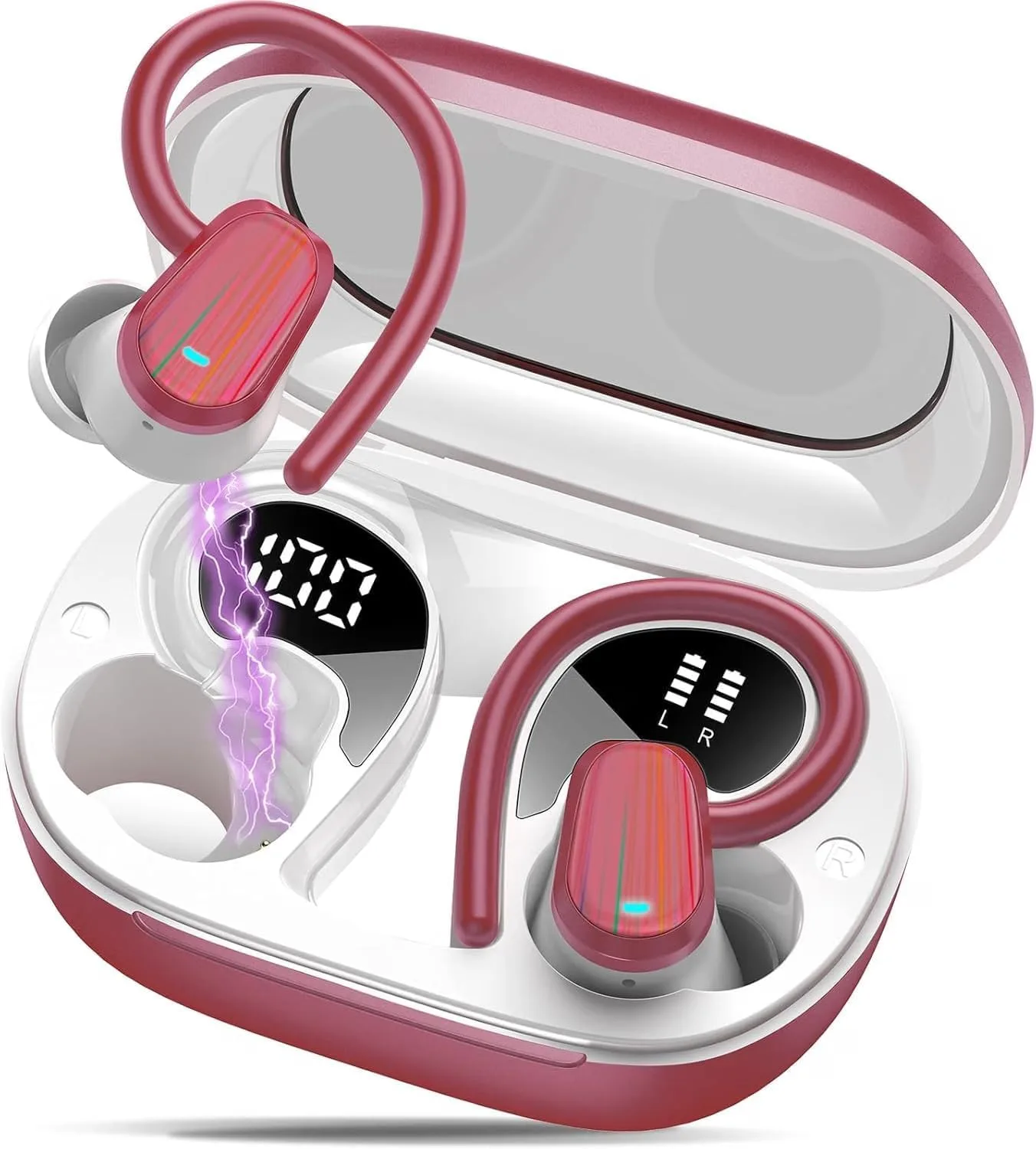 Wireless Earbuds, Bluetooth 5.4 Headphones Sport, Over Ear Buds with ENC Noise Canceling Mic, Deep Bass Stereo Ear Buds with Hook, 50H Playback, LED Display, IP7 Earphones for Workout Running, White