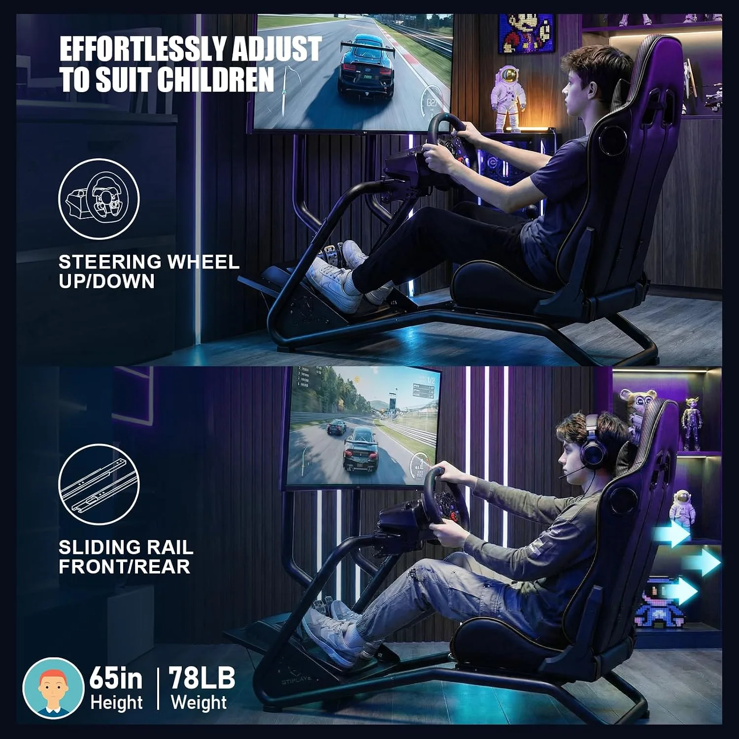GTPLAYER Racing Simulator Cockpit with Monitor Stand and Seat and Bluetooth Speakers, Racing Style Reclining Seat and Ultra-Sturdy Alloy Steel Frame Racing Wheel Pedals NOT Included, Black