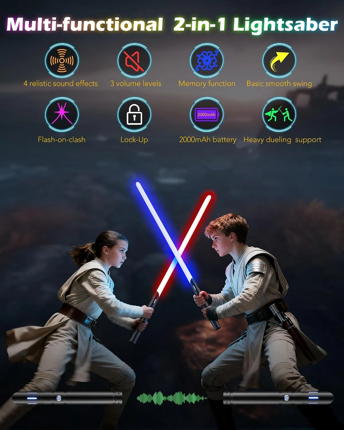 ANASABER Light Saber, Dueling Lightsaber 2 Pack, 12Color RGB Lightsabers with Metal Hilt, 4 Sound Fonts, FX Double-bladed Light Sabers for Kids Adults Birthday Xmas Gift, Halloween Cosplay, Black S8