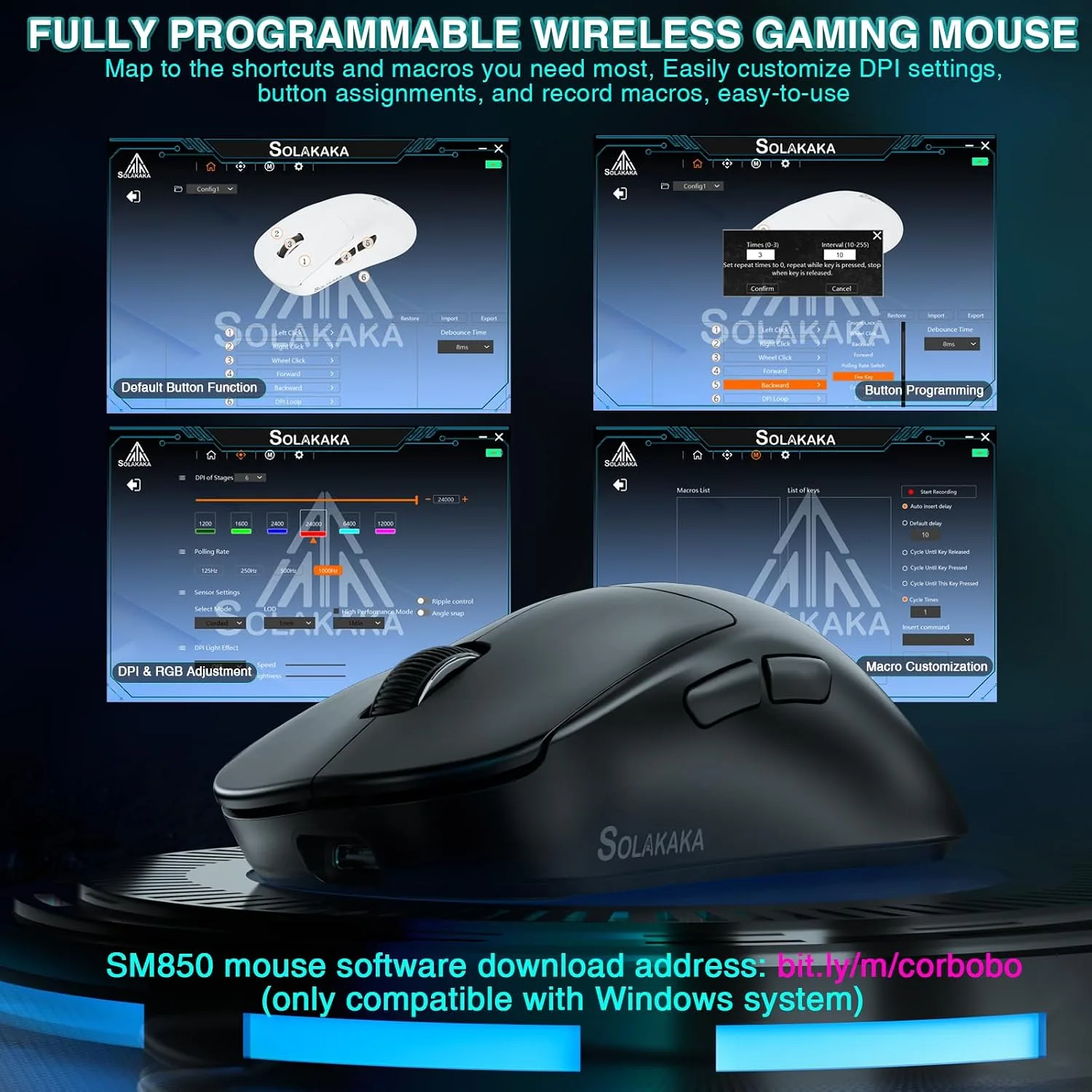 SOLAKAKA SM850 - Wireless Gaming Mouse - Programmable Buttons for Win/Mac