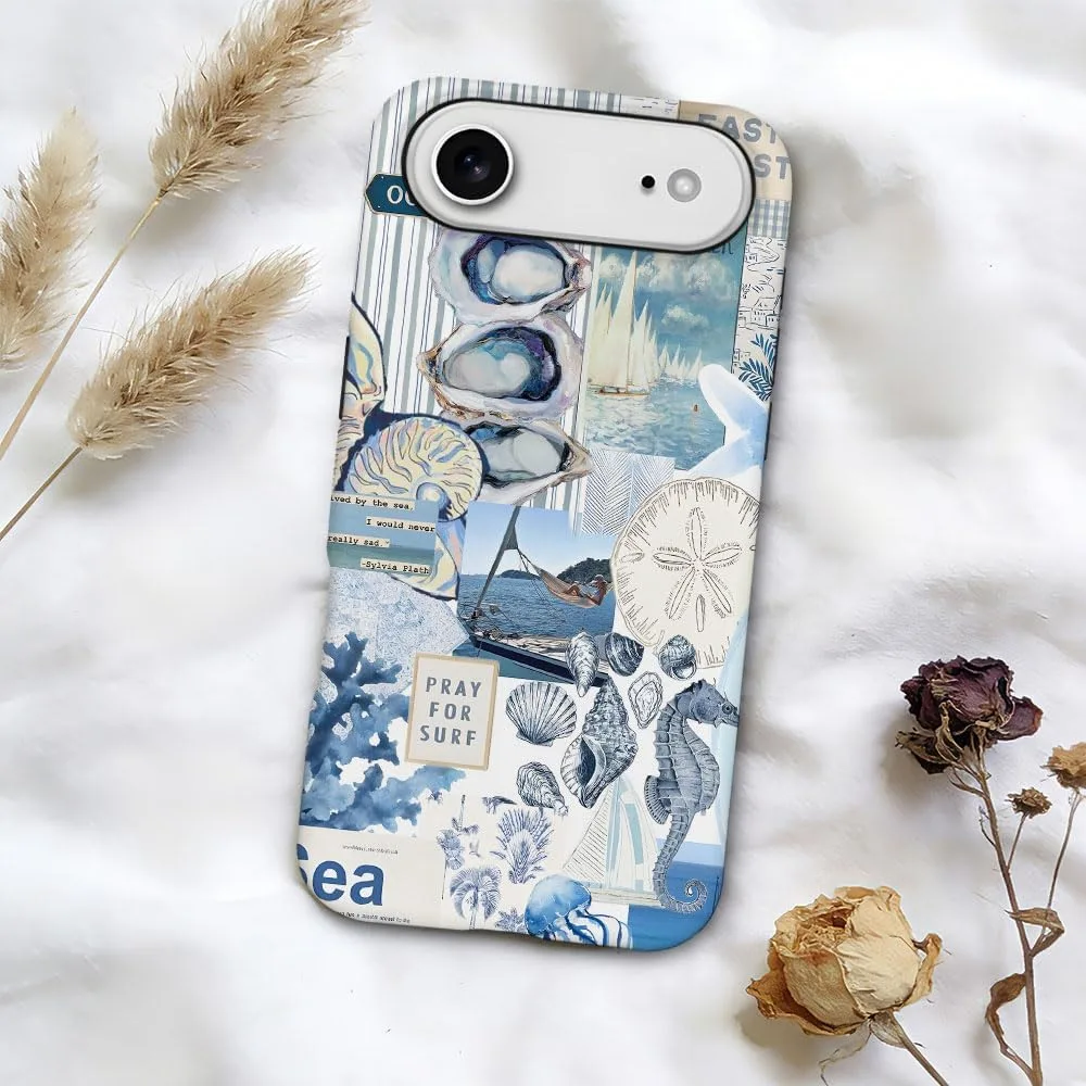 Case Compatible with iPhone 17 Air,Fall Prevention Hybrid 2-Layer Hard Shell Phone Cover for Girls Boys,Seashell Ocean Blue Retro Collage