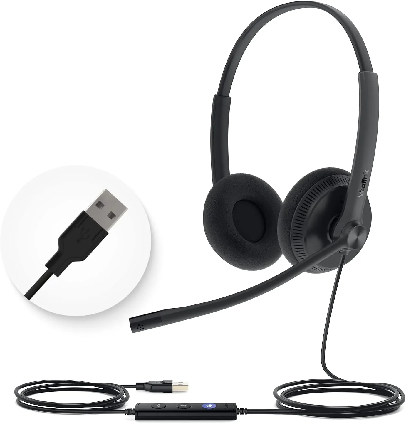 Yealink UH34 Wired Headset,USB-A,Noise Canceling Mic,in-Line Control,On-Ear (Pack of 2)