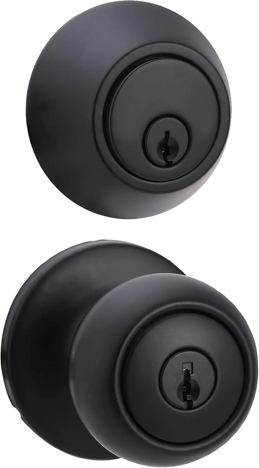 Amazon Basics Exterior Door Knob with Key Lock and Deadbolt, Keyed Alike, Coastal, Matte Black