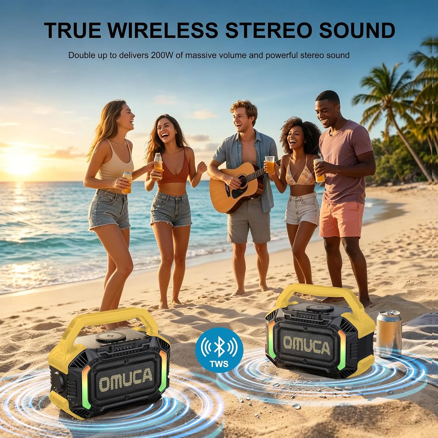 Speakers Bluetooth Wireless, 100W Portable Bluetooth Speaker with Bass, IPX7 Waterproof & Floatable, 20H Playtime, RGB Light, Loud Speakers with TWS for Work, Outdoor, Garage(L-Yellow)