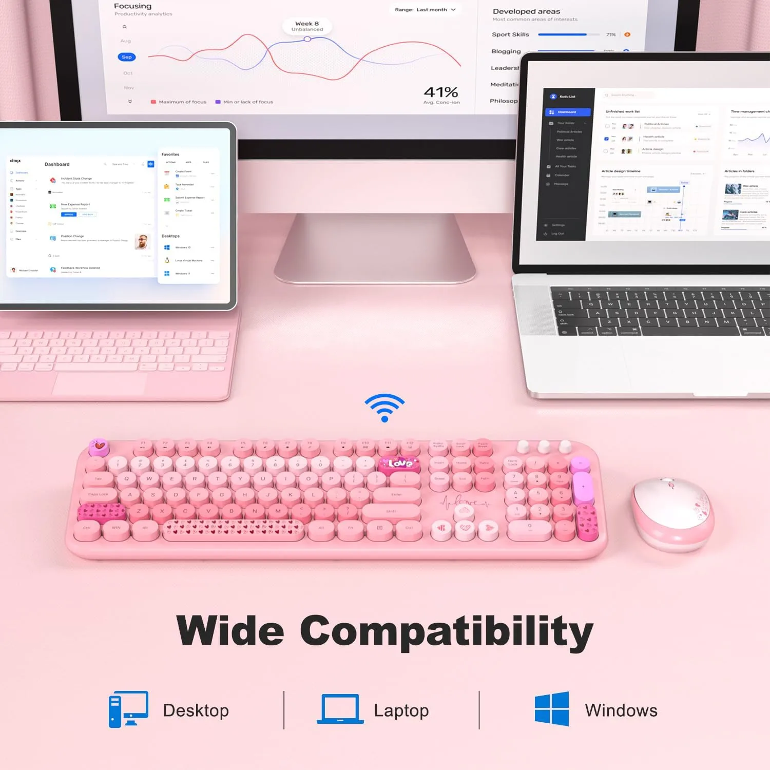 MOFII Wireless Keyboard and Mouse Combo, Full Size 2.4G Plug and Play Typewriter Retro Round Computer Keyboard and Mouse Set for Windows, Computer, Desktop, PC, Notebook - (Pink Colorful)