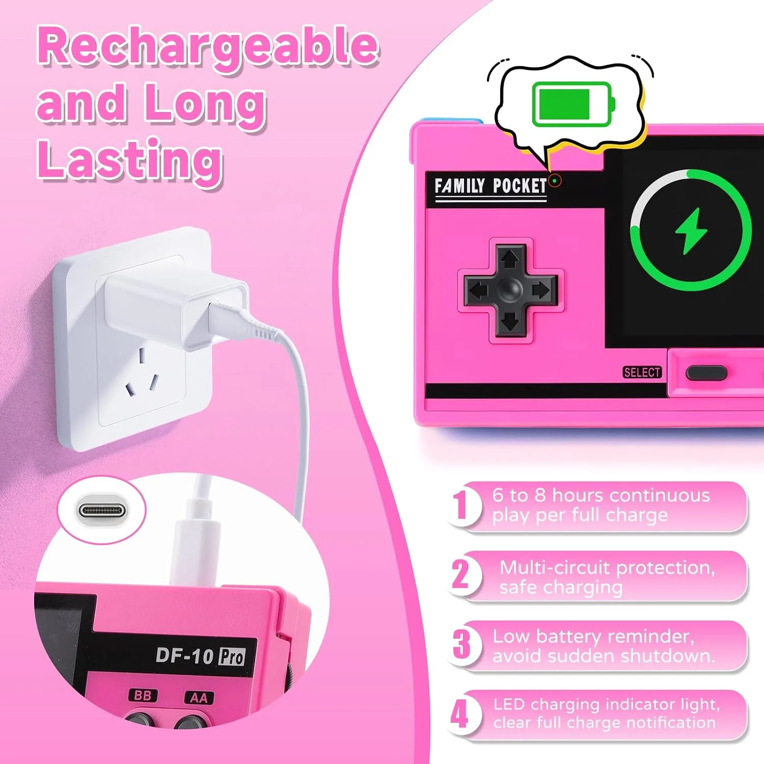 Handheld Game for Kids, 10 Preloaded Classic Retro Games, 3.0'' IPS Screen Portable Gaming Device, Rechargeable Video Game Player, Mini Arcade Travel Electronic Toy Gifts for Boys and Girls (Pink)