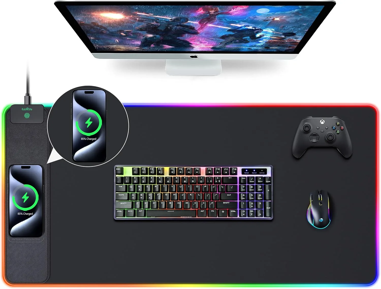 15W Wireless Charging RGB Mouse Pad, 31.5"x15.7", XXL Gaming Desk Mat
