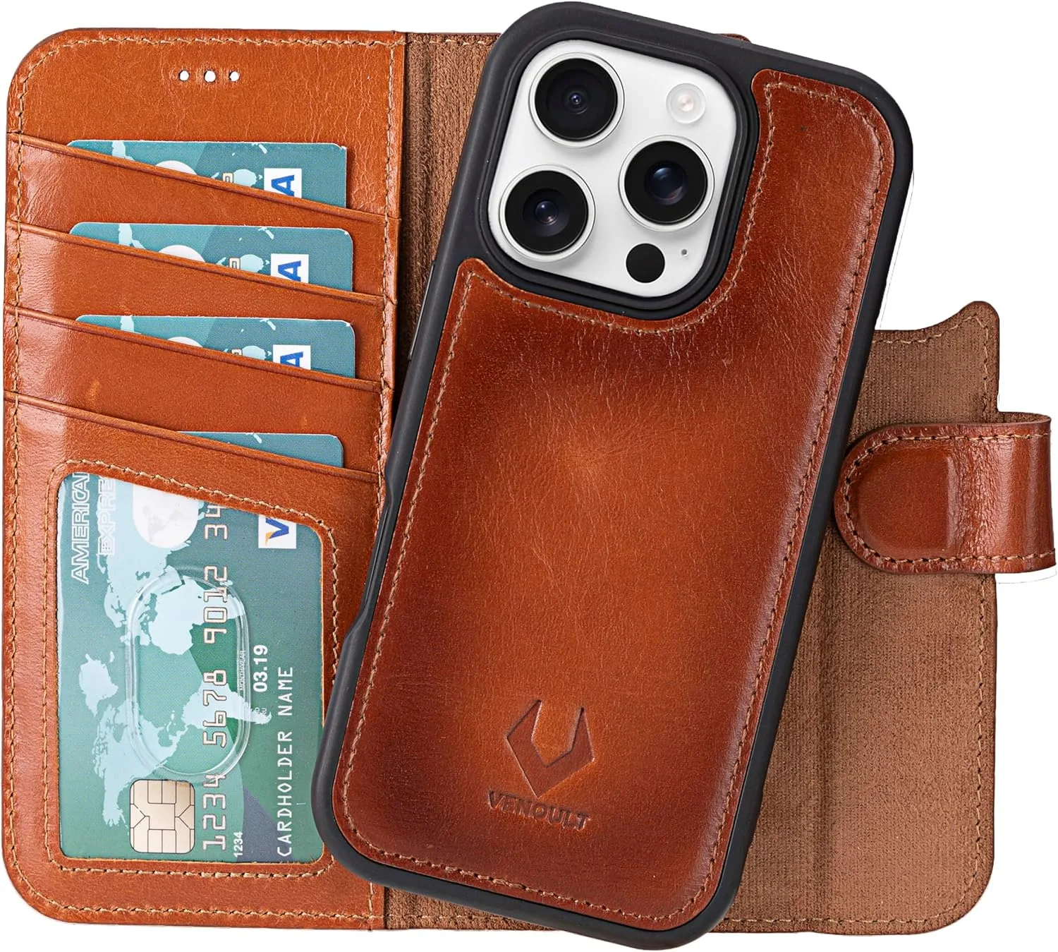VENOULT Wallet Case for iPhone 16 Pro, Full Grain Genuine Turkish Leather, Magnetic Detachable, RFID 4 Card Slots, Business Style, Compatible with MagSafe (Chestnut)