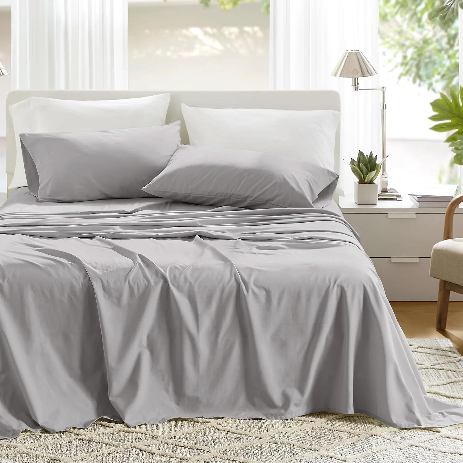 Comfort Spaces 100% Cotton Percale Sheets Queen Sheet Set 4 Piece, Grey