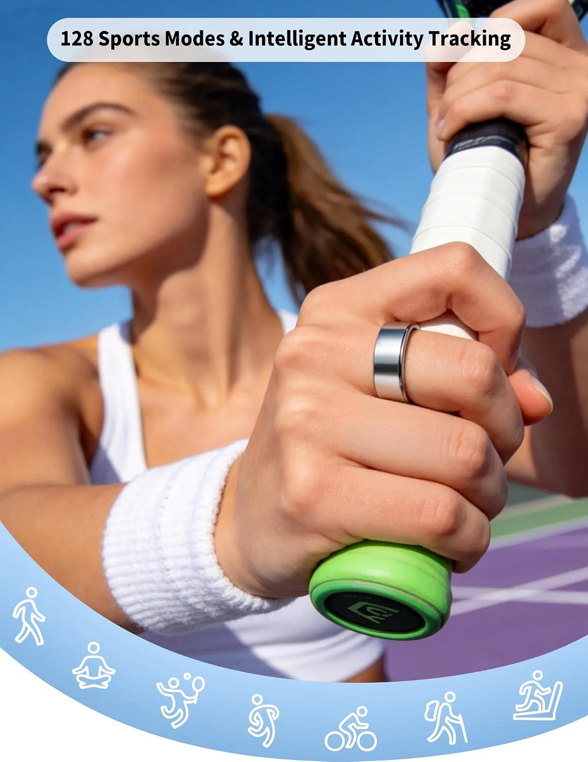 Smart Ring for Women Men Fitness Tracker Heart Rate Sleep Trends 128 Sports Modes Gesture Control Cycle Tracking IP68 Waterproof No Subscription Compatible with iPhone Android (Silver, Size 9)