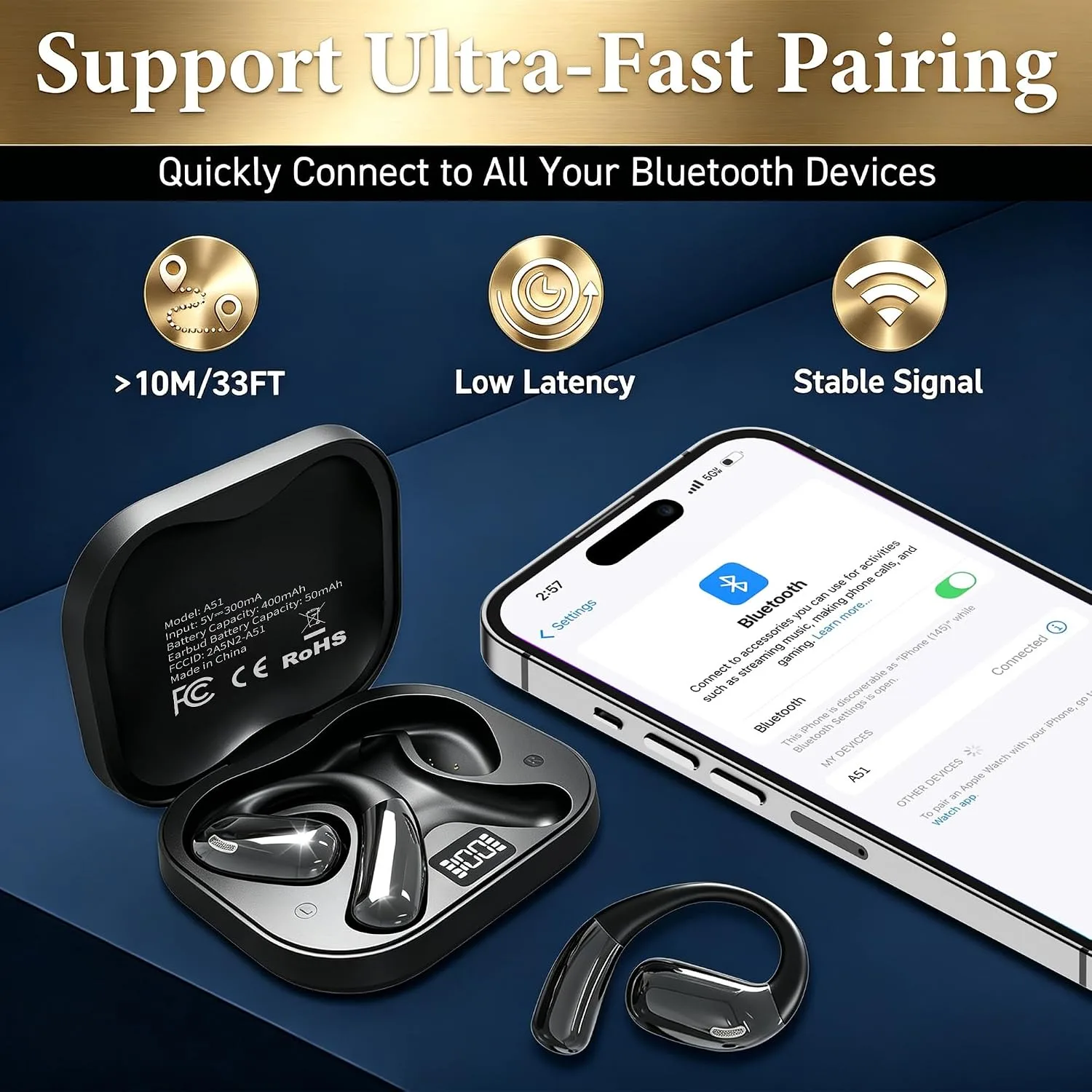 Open Ear Headphones, Wireless Headphones with Smart Digital Display & Mic