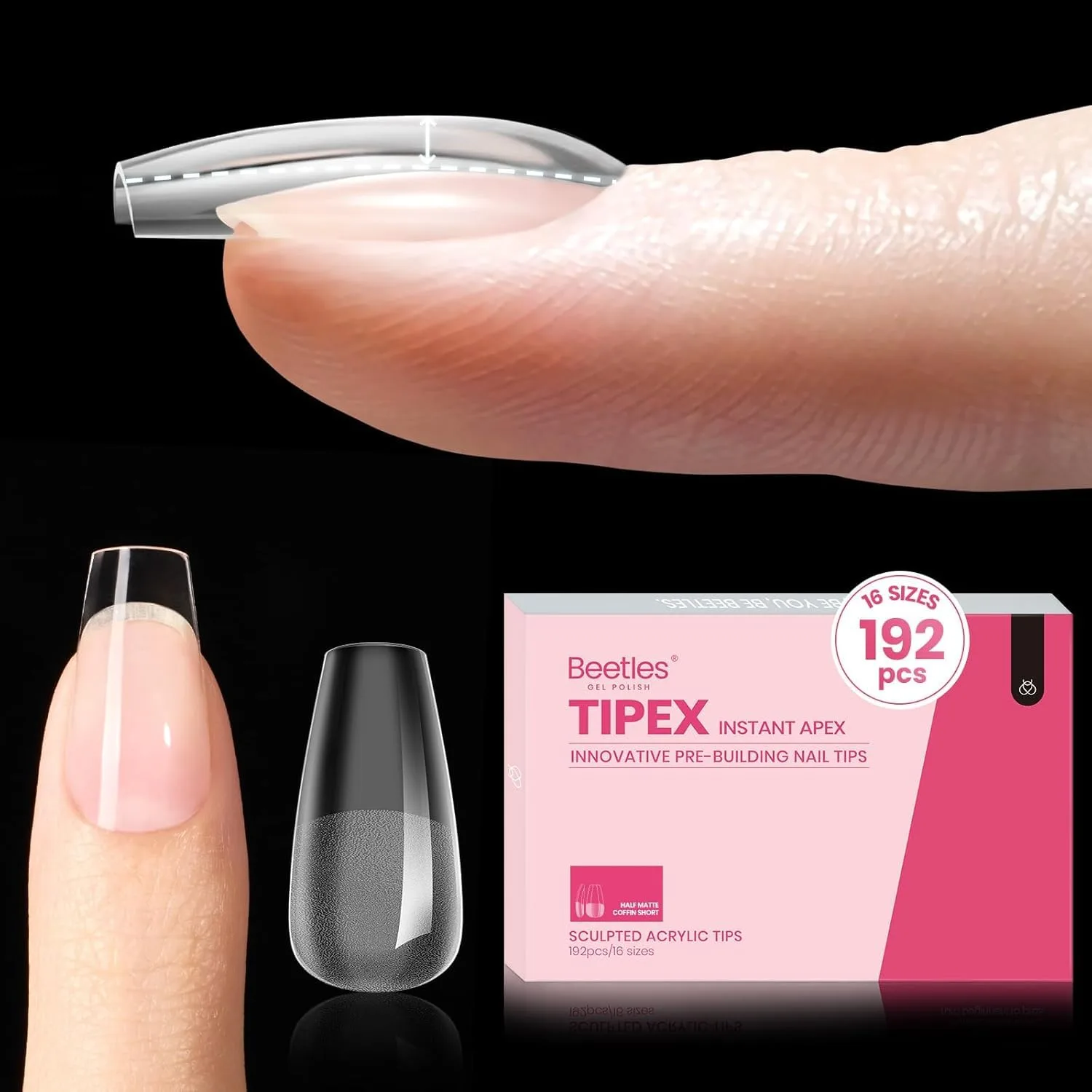 Tips para uñas Beetles Tipex Instant Apex, Coffin corto, 192 piezas 16 tallas (00-14)