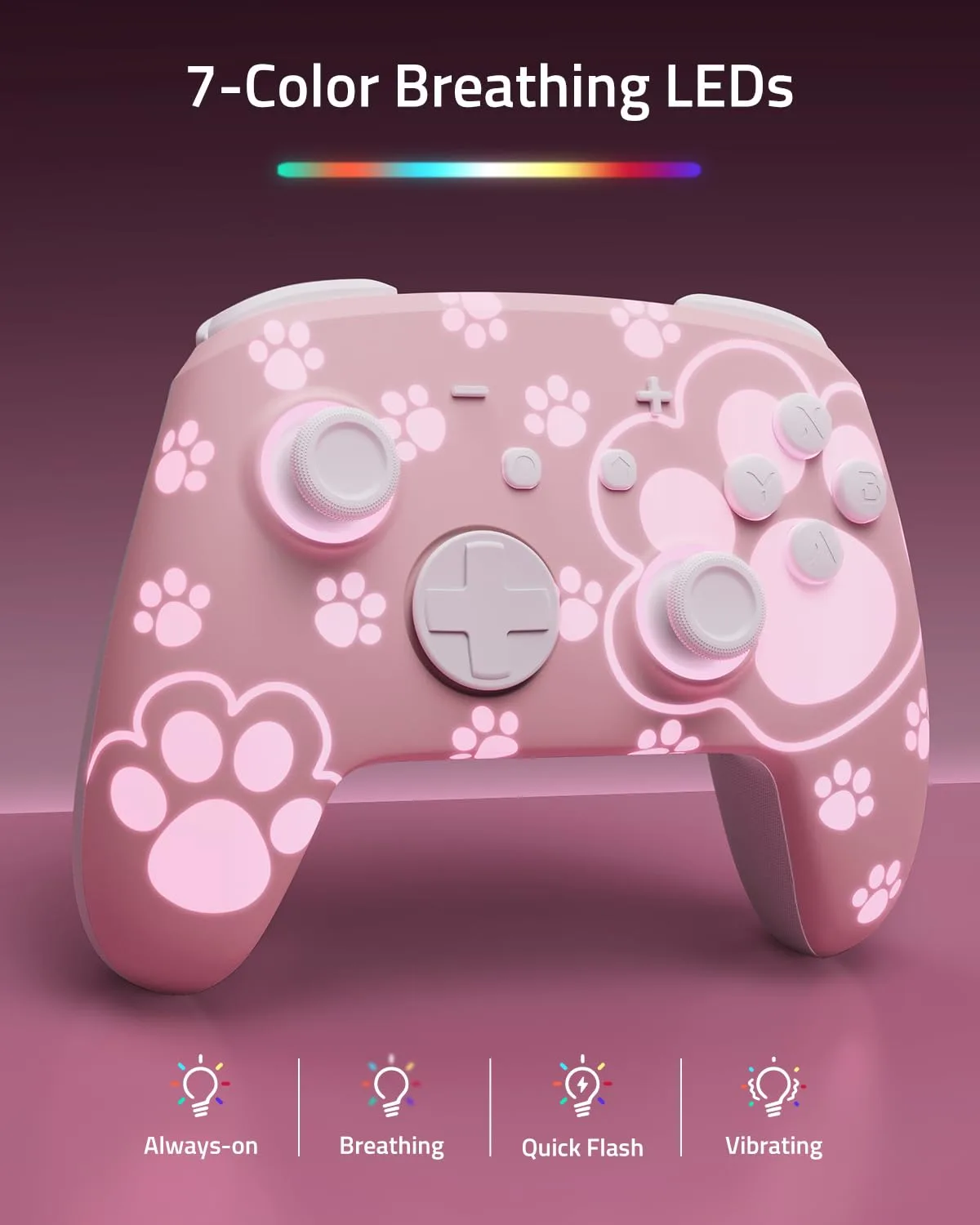 Cute Switch Pro Controller Wireless Compatible with Nintendo Switch 2/OLED/Lite, Grily Hall Effect Controller, Firefly Bluetooth Remote Gamepad Controles Pink with 7 LED Colors/Paddle/Turbo- Cat Paw Pattern