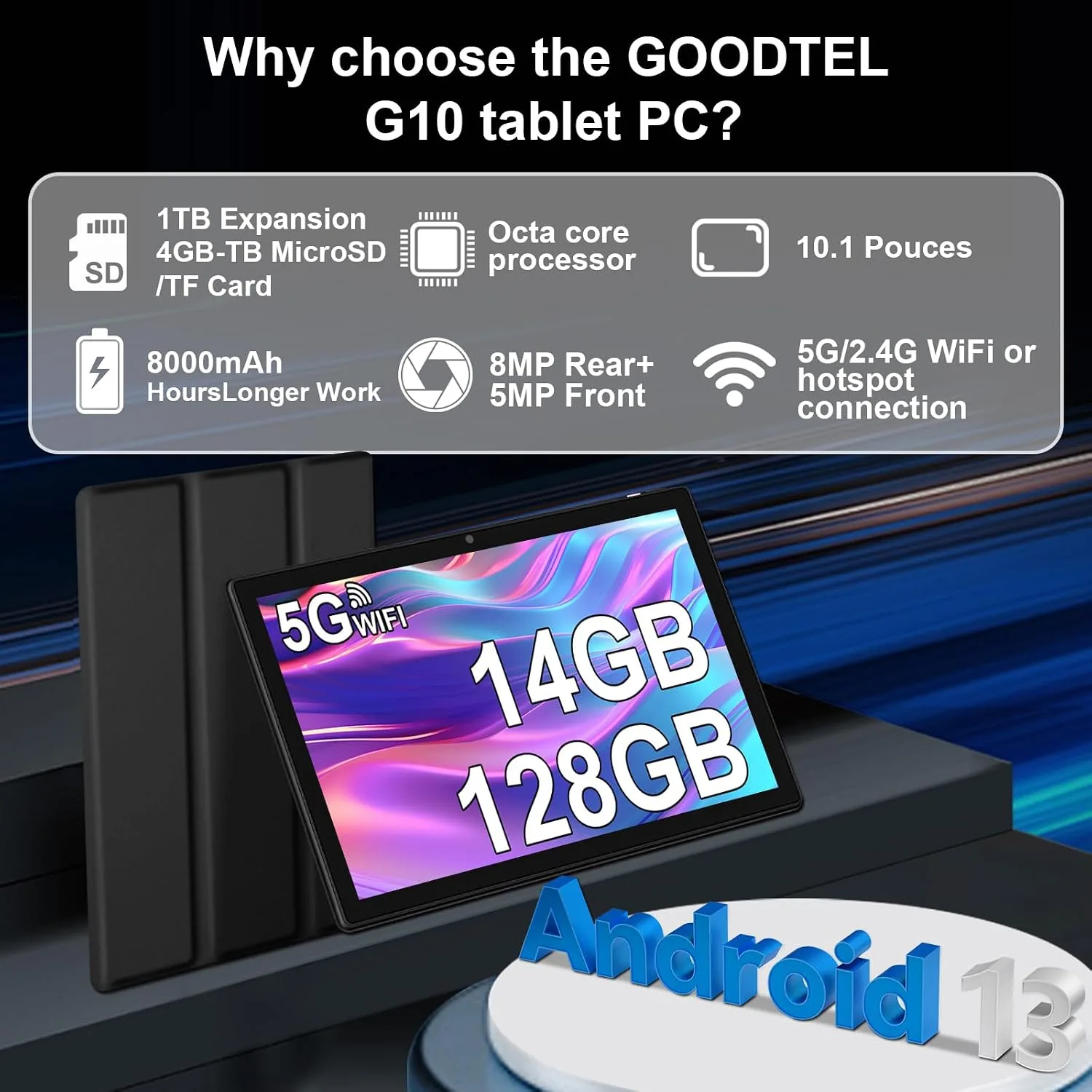 GOODTEL 2026 10 Inch Android Tablet, 14GB RAM+128GB ROM,Octa-Core，Expandable up to 2TB TF Card, 8000mAh Battery, Tablet with Keyboard and Mouse Bundle for Study & Entertainment BLU