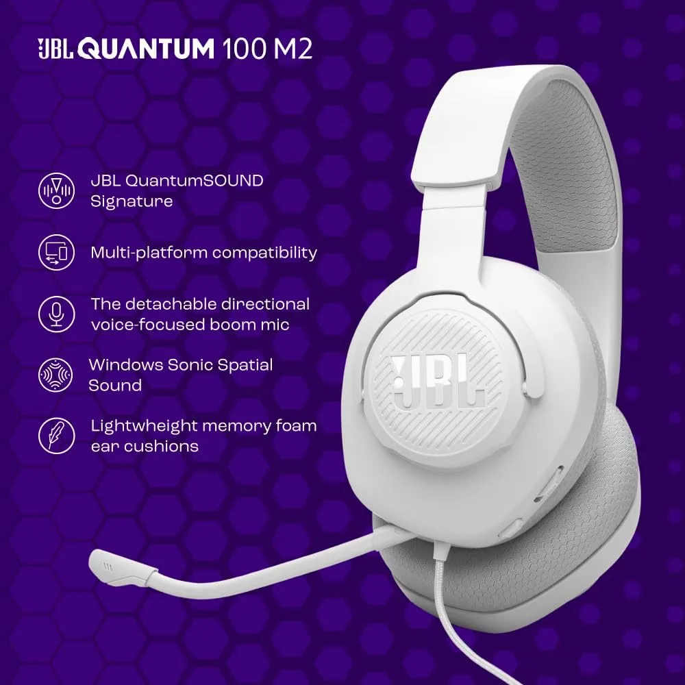 JBL Quantum 100M2 Wired Gaming Headset, Detachable Mic - White