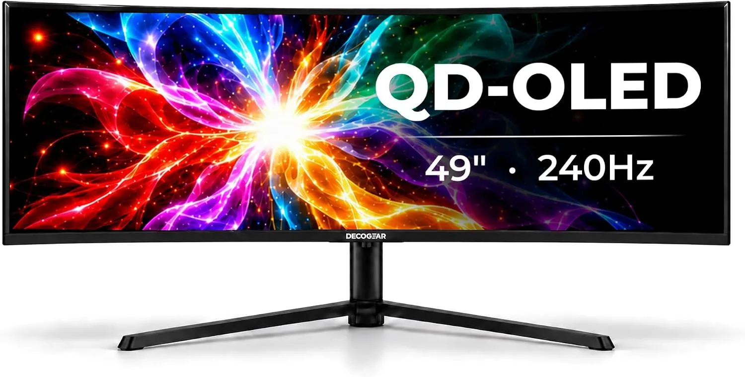 Deco Gear OLED 49 Inch Curved Monitor, 5K2K 5120×1440 Ultrawide Dual QHD, 144HZ, 0.03ms, 32:9 HDR400, Adaptive Sync, R1800 Premium 100% sRGB 90W USB-C, Built-in Speakers Height Adjustable Stand