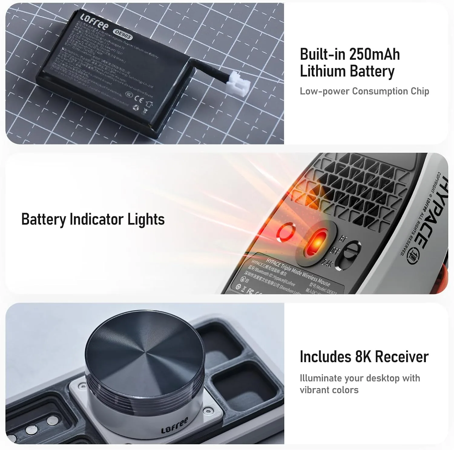 LOFREE Hypace Ultra-Lightweight Wireless Gaming Mouse, 47g, PAW3950 Sensor, 40K DPI, 8K Polling Rate, Mg Alloy Frame, Tri-Mode(Bluetooth/2.4GHz/Wired), 100Hrs Battery for PC/Mac (Crayon Grey)