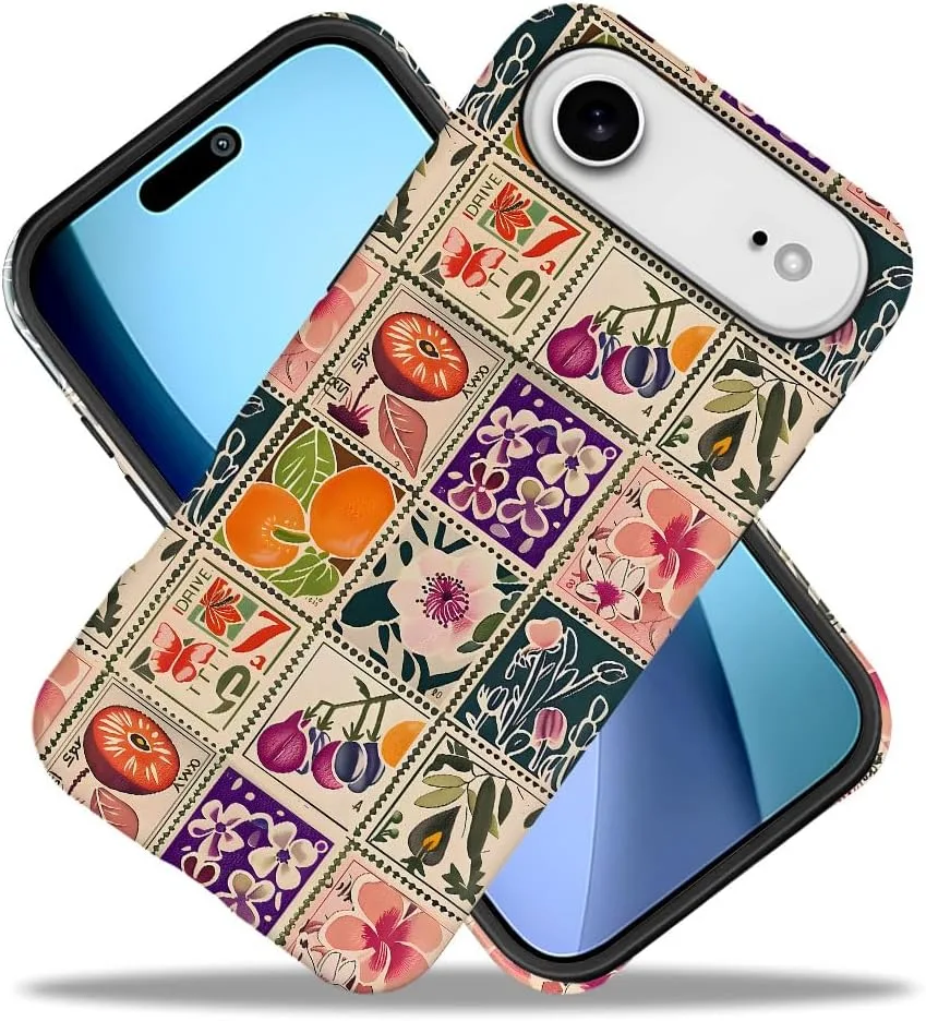 Case Compatible with iPhone 17 Air,Fall Prevention Hybrid 2-Layer Hard Shell Phone Cover for Girls Boys,Vintage Flower Orange Stamp Collage
