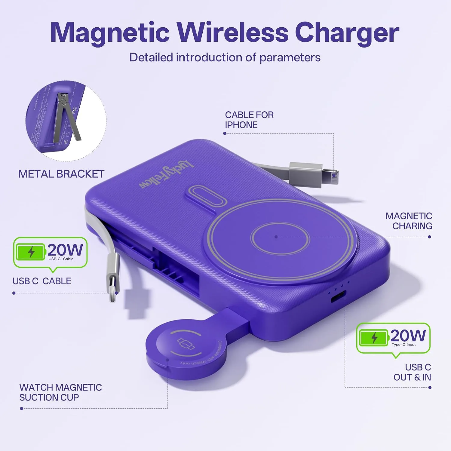Magnetic Portable Charger Built-in Cables,10000mAh Fast Charging Wireless Charger Station External Battery Pack Slim Pocket Size Power Bank with Stand Compatible with iWatch, iPhone