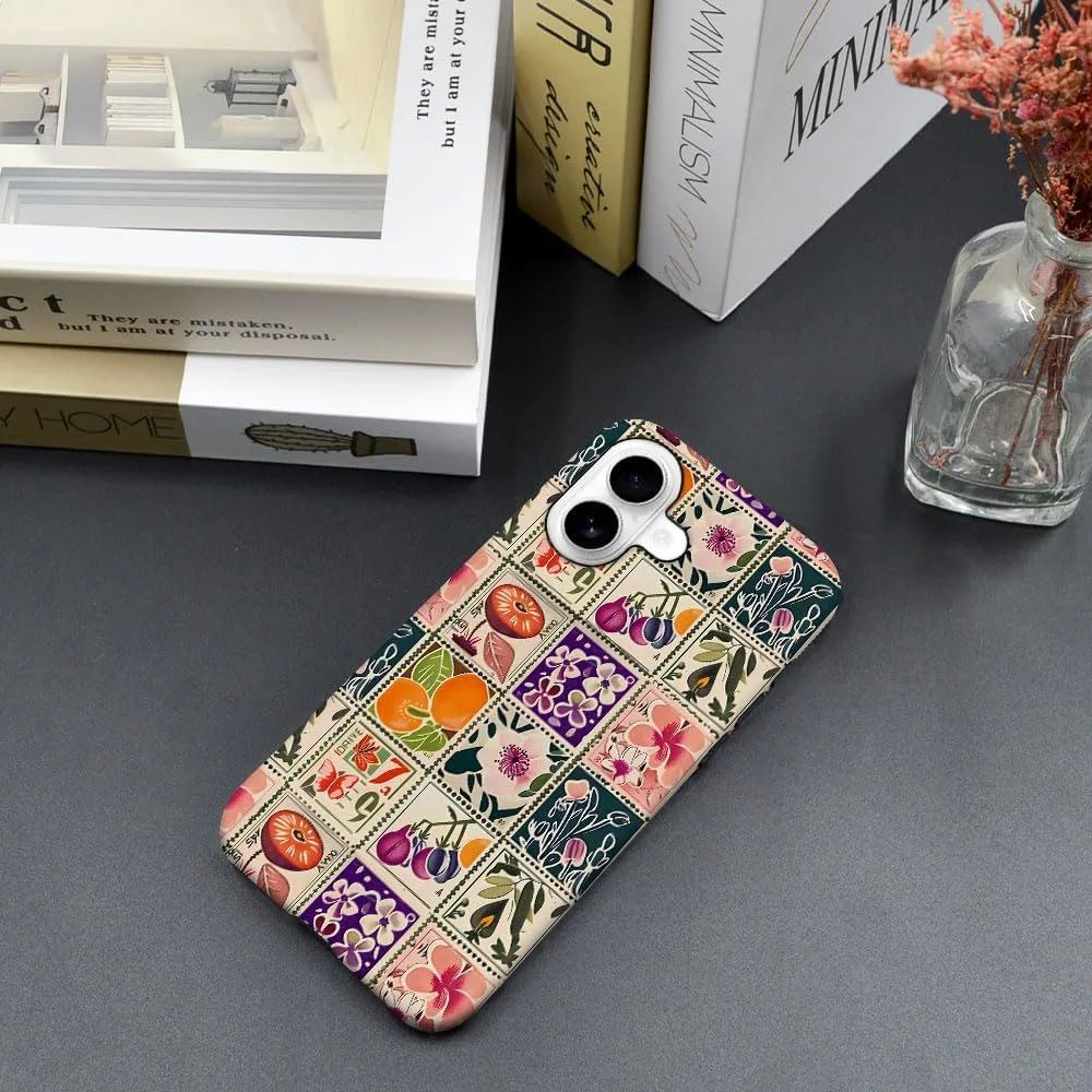 Case Compatible with iPhone 17,Fall Prevention Hybrid 2-Layer Hard Shell Phone Cover for Girls Boys,Vintage Flower Orange Stamp Collage