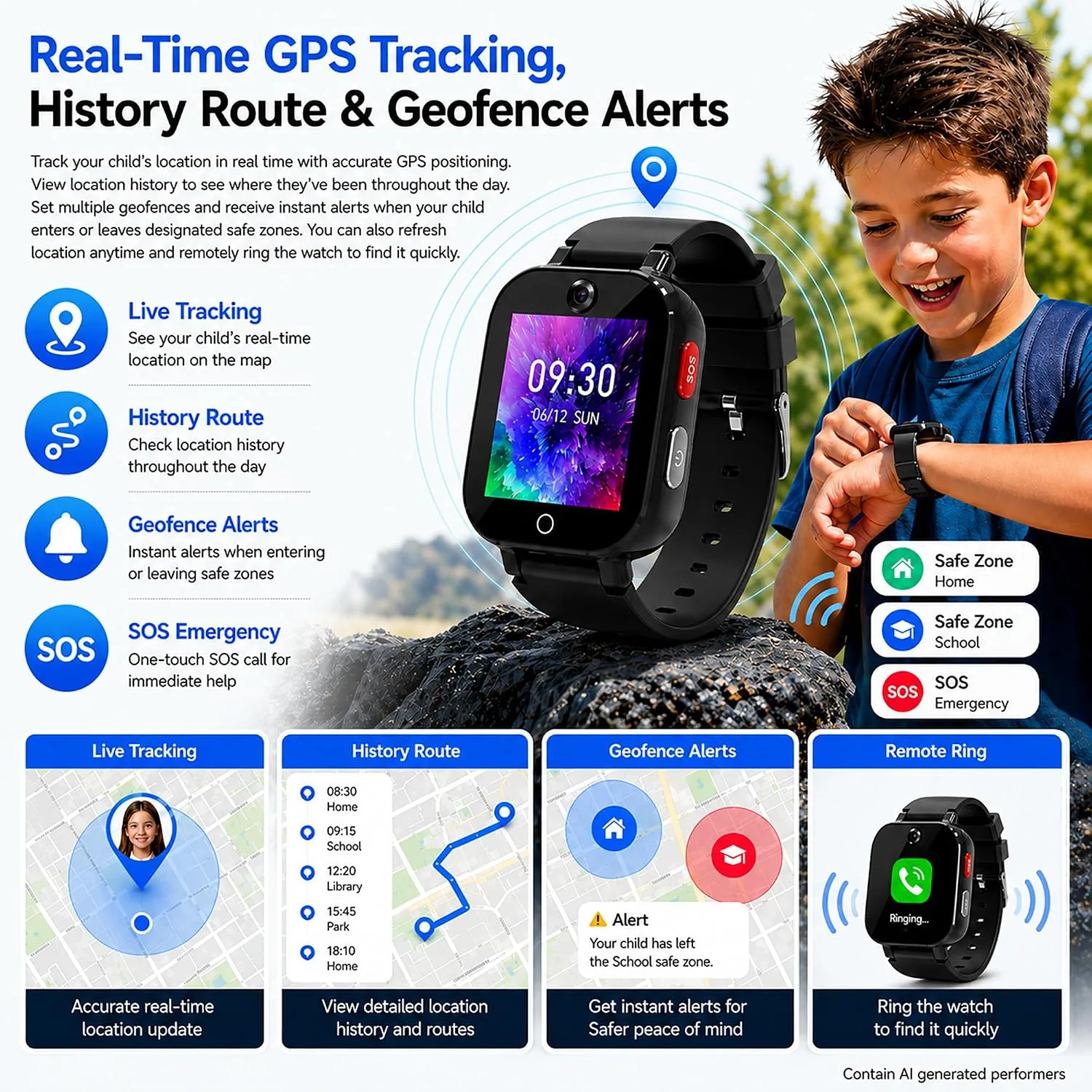 4G Kids Smart Watch with GPS Tracker, Video & Voice Call, SOS, WiFi, IP68 Waterproof, AI Smart Features, Parental Control Phone Watch for Boys Girls Age 3+ (SIM Card Included)