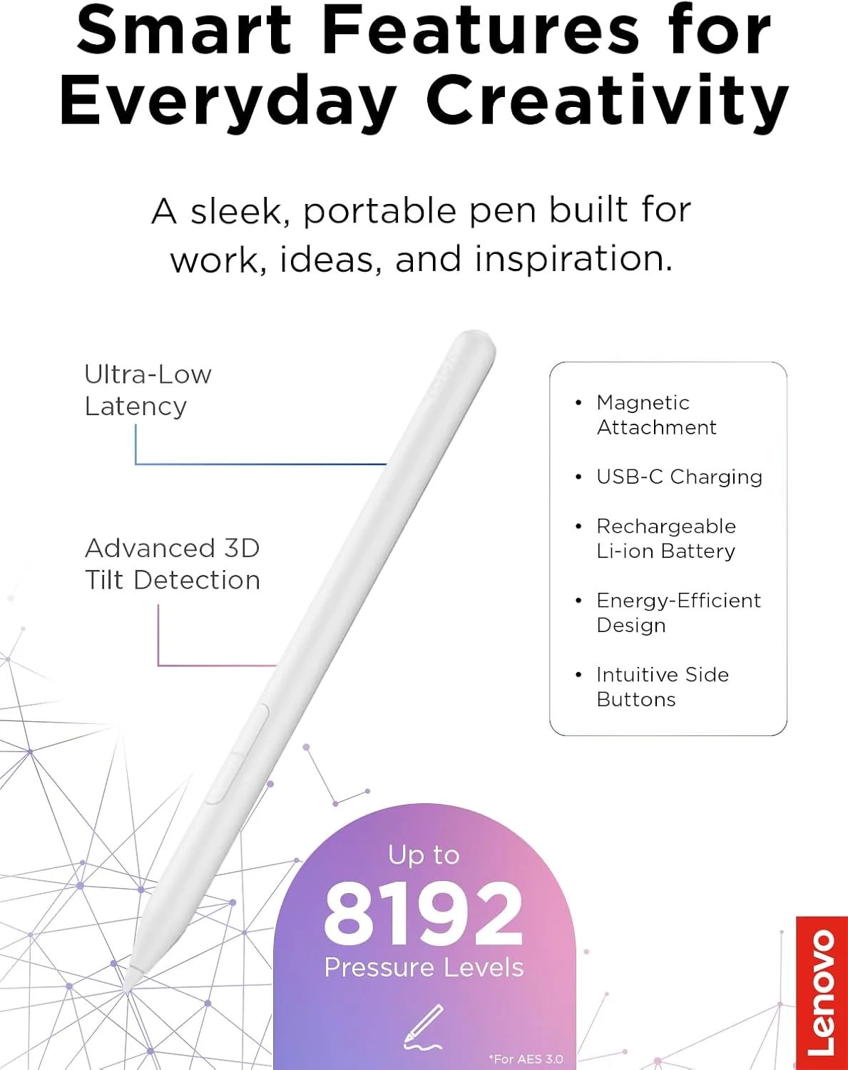 Lenovo Yoga Pen 2 with Magnetic Pen Case, AES 3.0 Stylus with 8192 Pressure Levels, USB C Rechargeable, Tilt Detection, Multi Protocol Support for Lenovo Yoga 2 in 1 PCs, Seashell