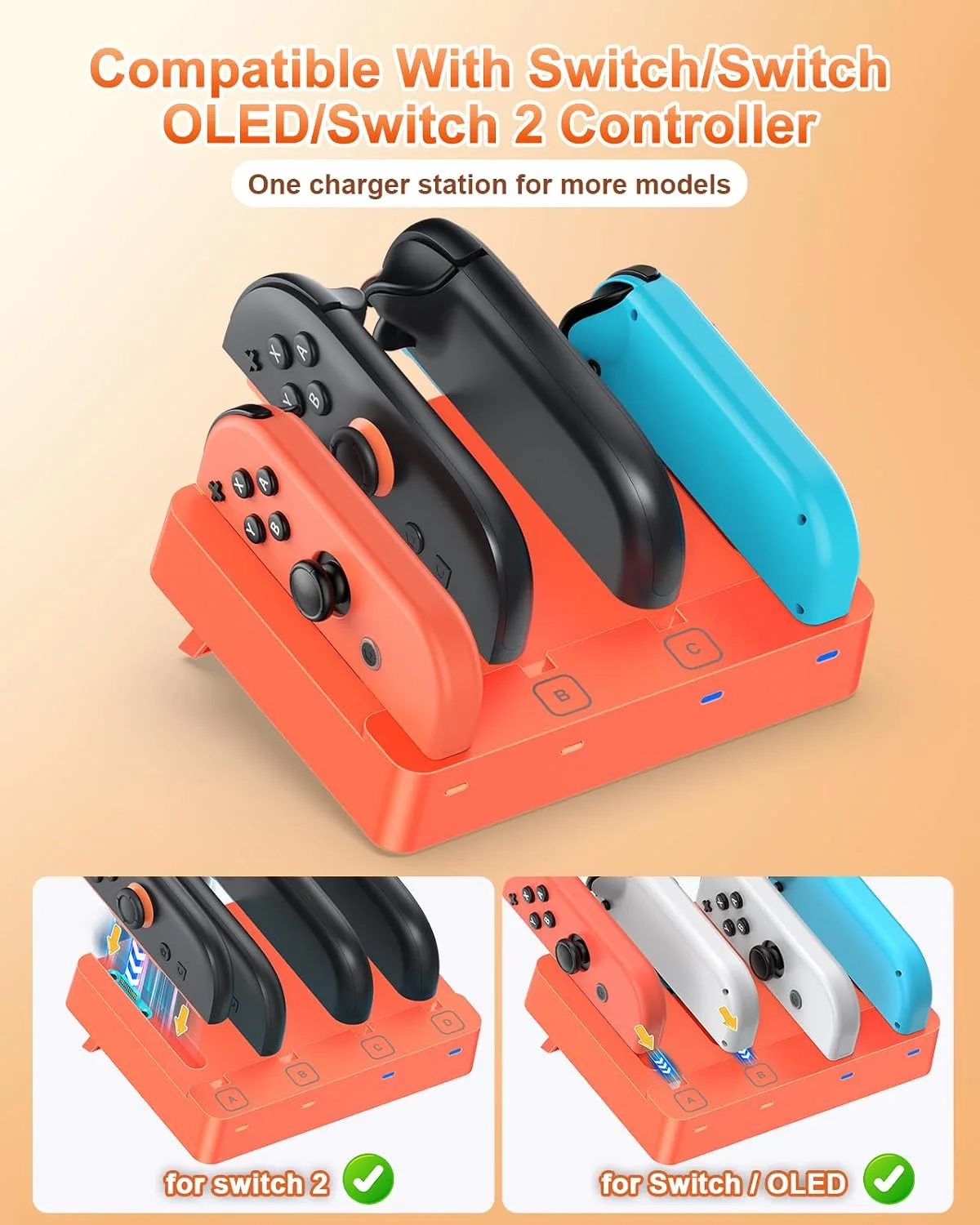 [Switch 2/1 Both] Controller Charger Dock, FYOUNG Charging Dock for Nintendo Switch 2 2025, 8 in 1 Portable Dual-Direction Magnetic Fast Charger Staion for JoyCon 2 Accessories with USB Type-C Cord